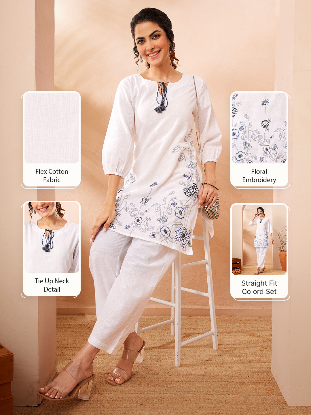 Janasya Women's White Cotton Lilen Emboidered Straight Co-ord Set