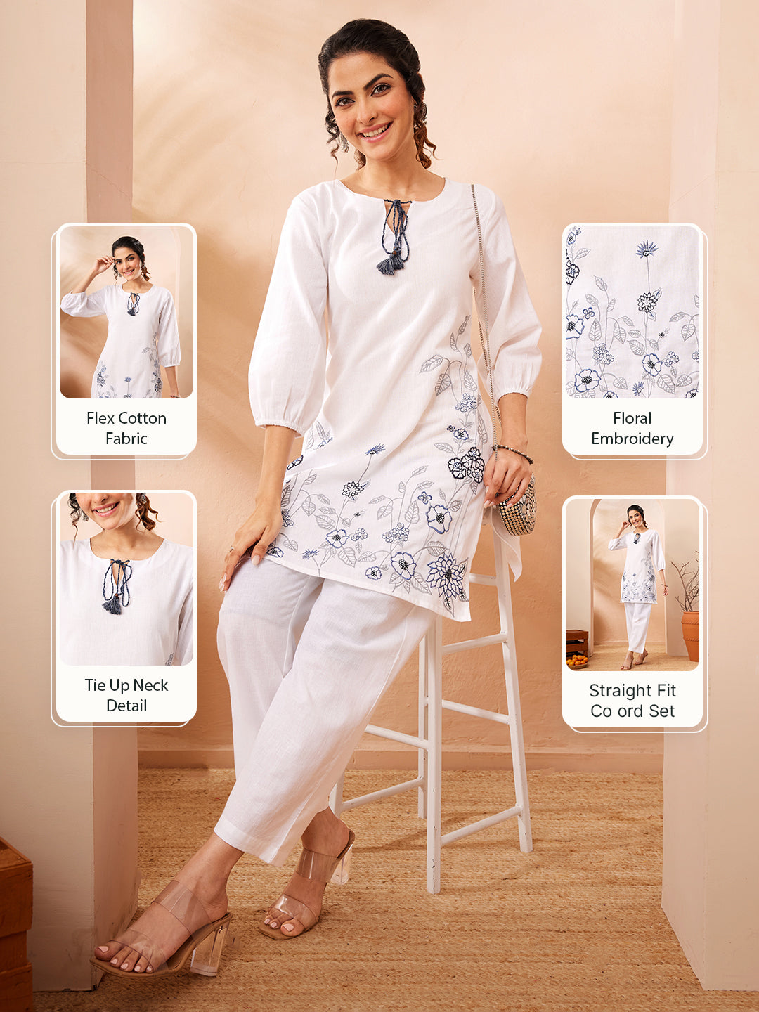 Janasya Women's White Cotton Lilen Emboidered Straight Co-ord Set