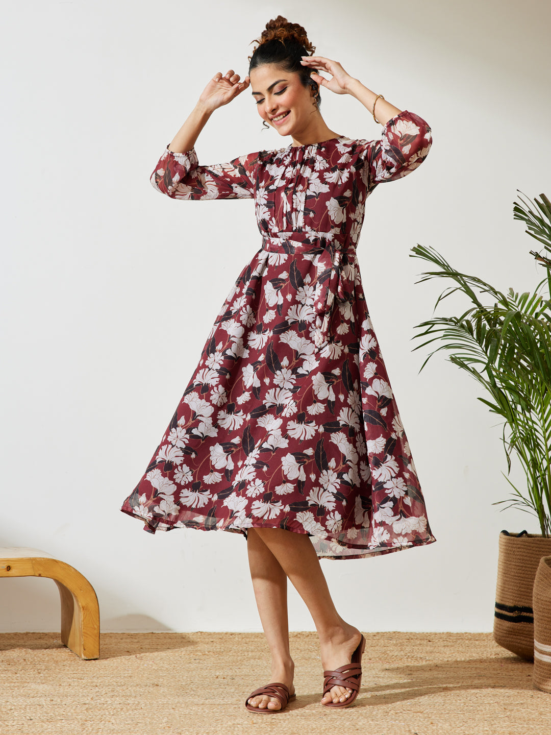 Janasya Women's Brown Chiffon Floral Printed A-line Gathered Dress