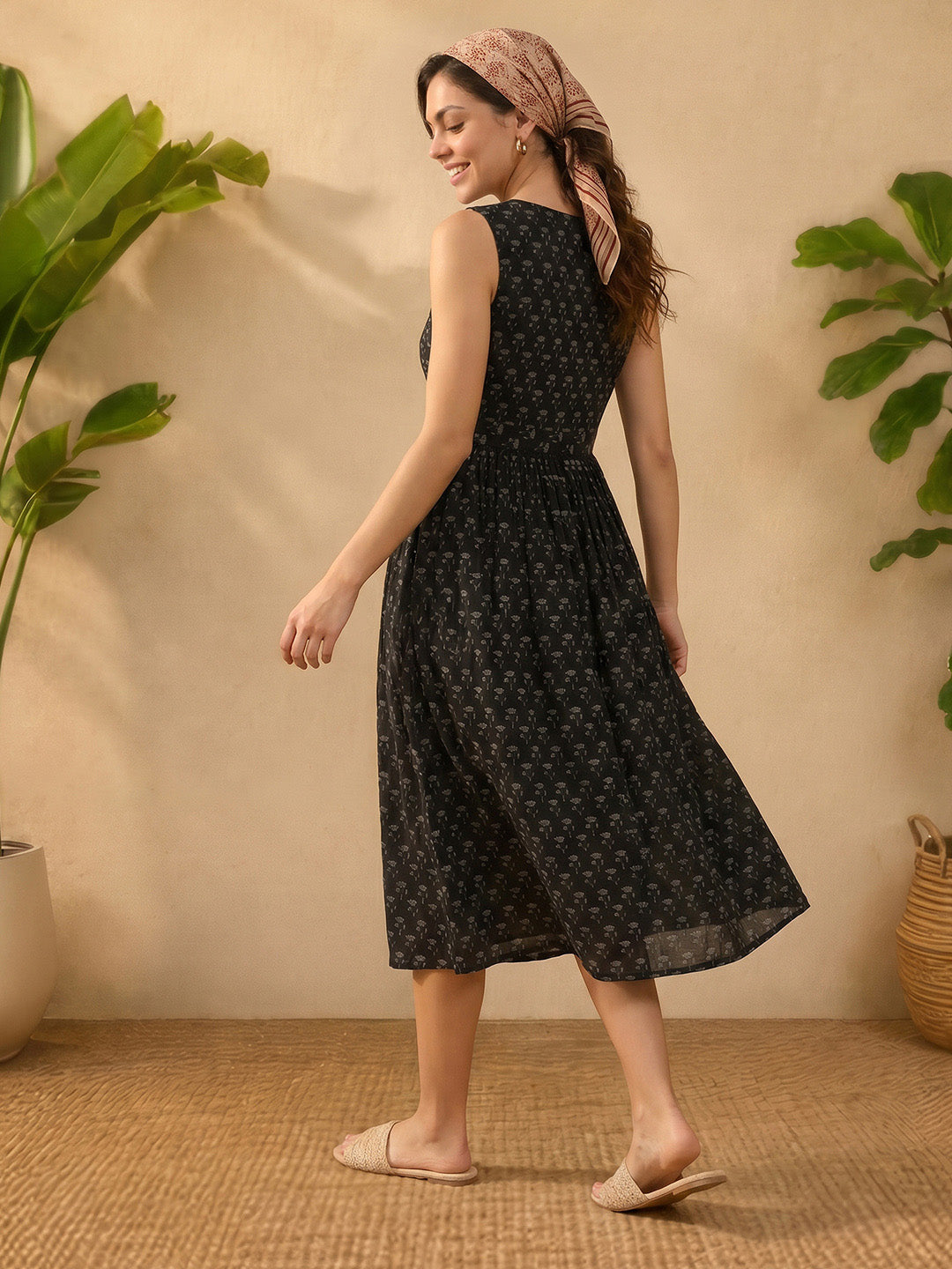 Janasya Women's Black Pure Cotton Floral Printed A-Line Dress