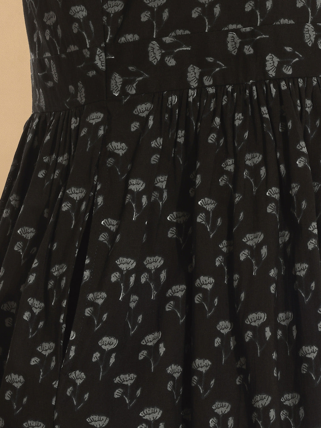 Janasya Women's Black Pure Cotton Floral Printed A-Line Dress