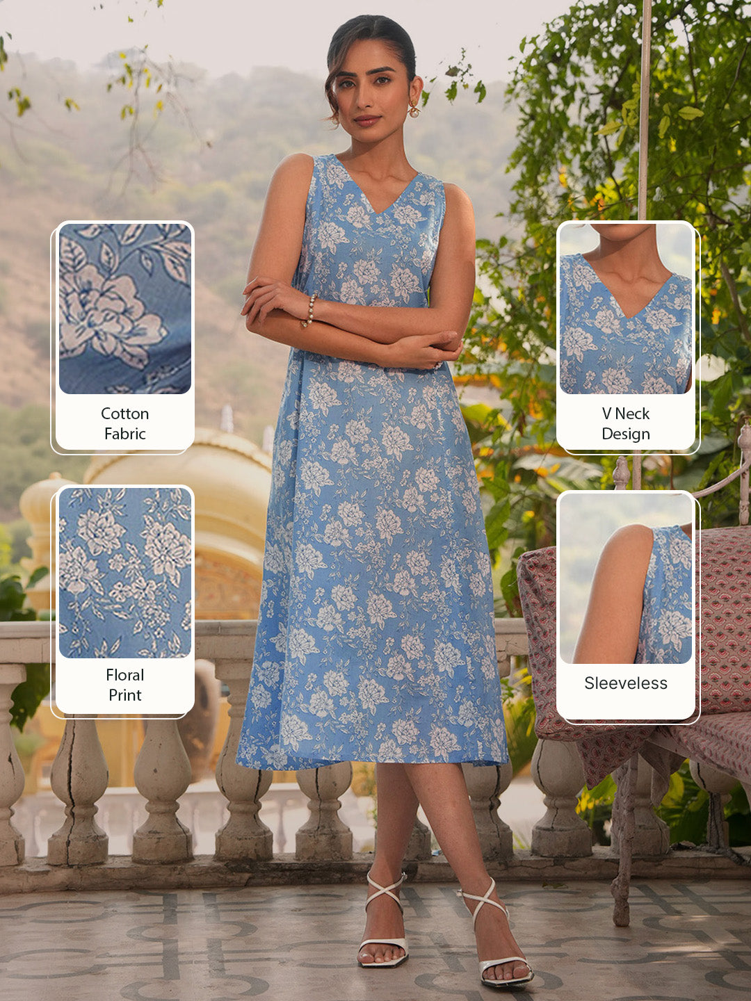 Janasya Women's Powder Blue Pure Cotton Floral Printed Flared Dress