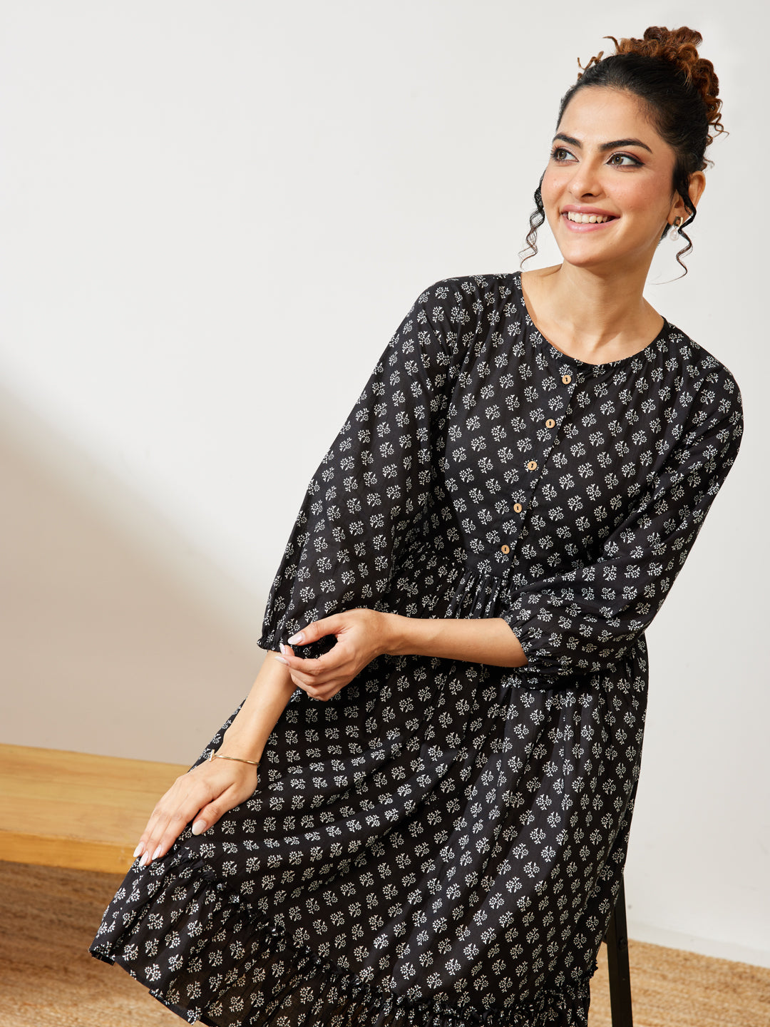 Janasya Women's Black Pure Cotton Floral Printed A-line Dress