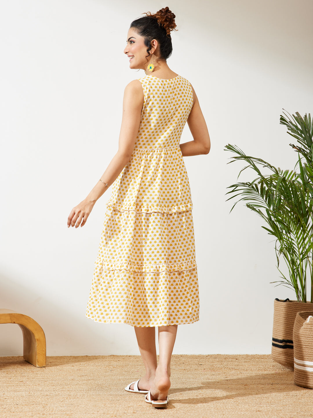 Janasya Women's Yellow Pure Cotton Floral Printed Tiered Dress