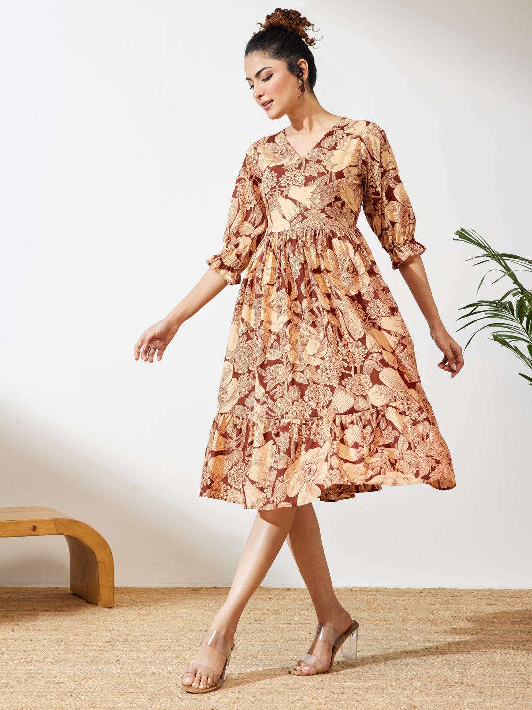 Janasya Women's Maroon Pure Cotton Floral Printed Flared Dress