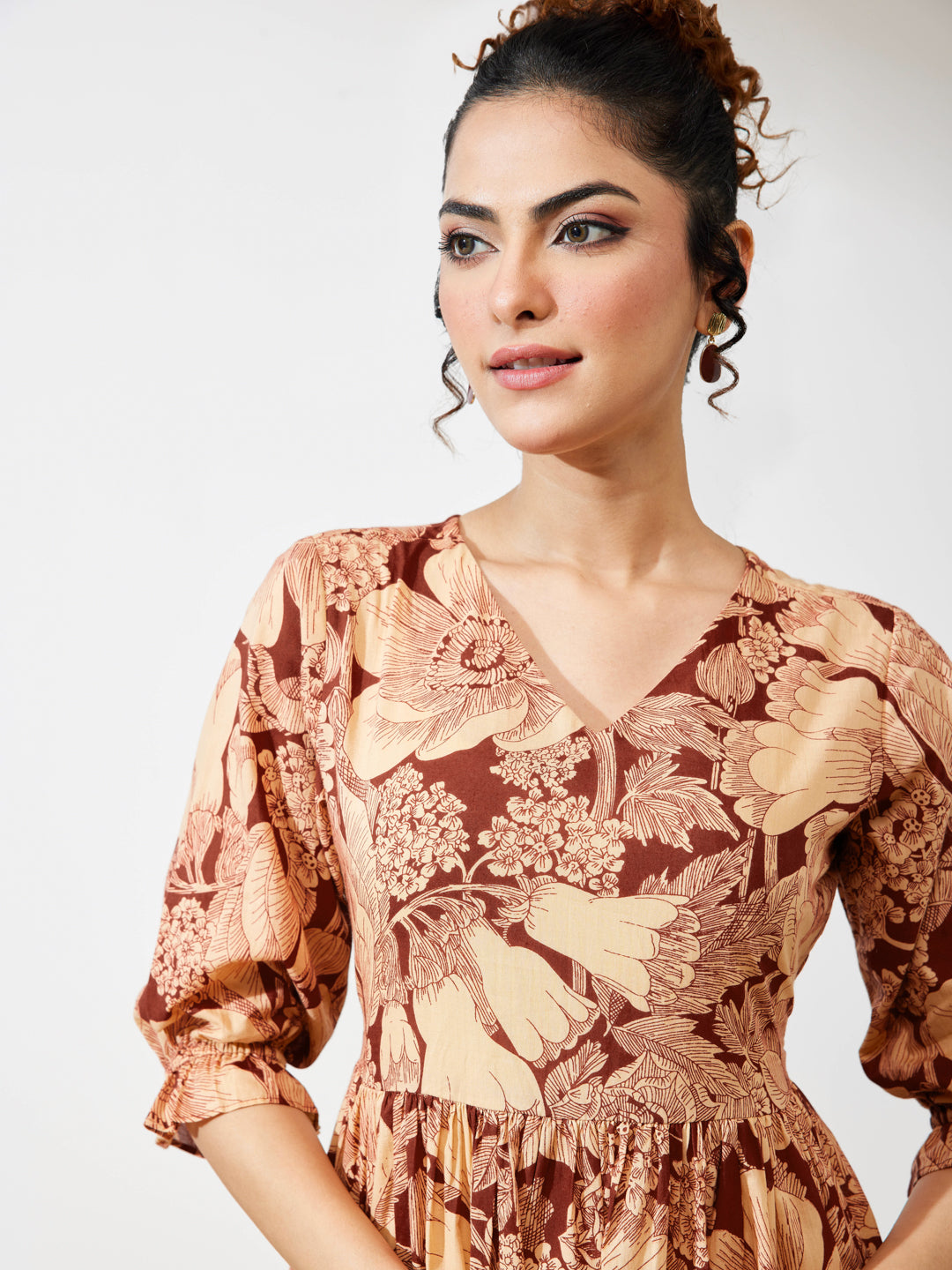 Janasya Women's Maroon Pure Cotton Floral Printed Flared Dress