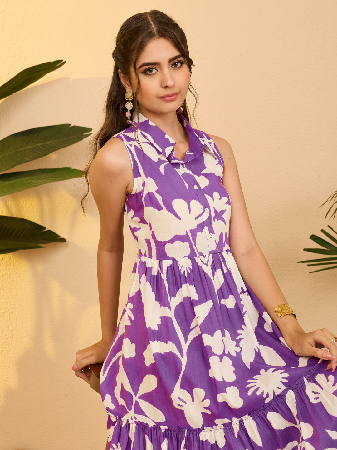 Janasya Women's Purple Pure Cotton Floral Gathered A-line Dress