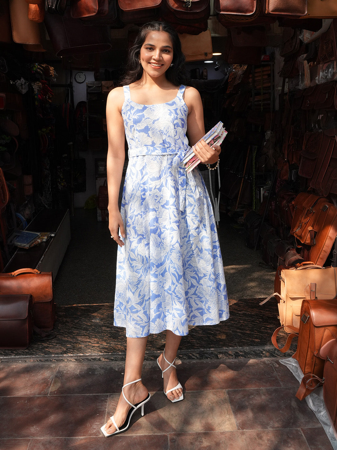 Janasya Women's Light Blue Pure Cotton Floral Printed A-line Dress