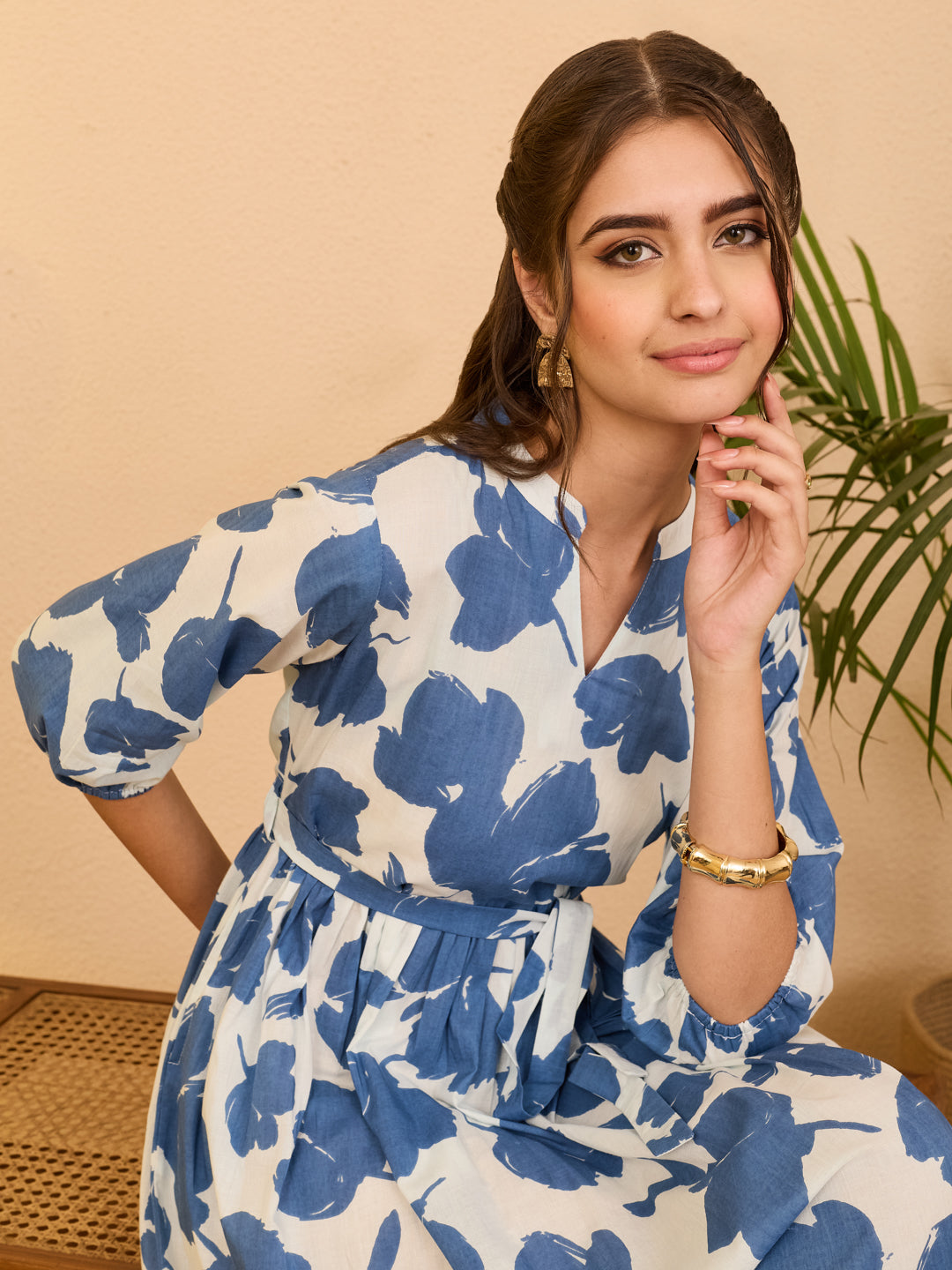 Janasya Women's Blue Pure Cotton Floral Printed Fit & Flare Dress