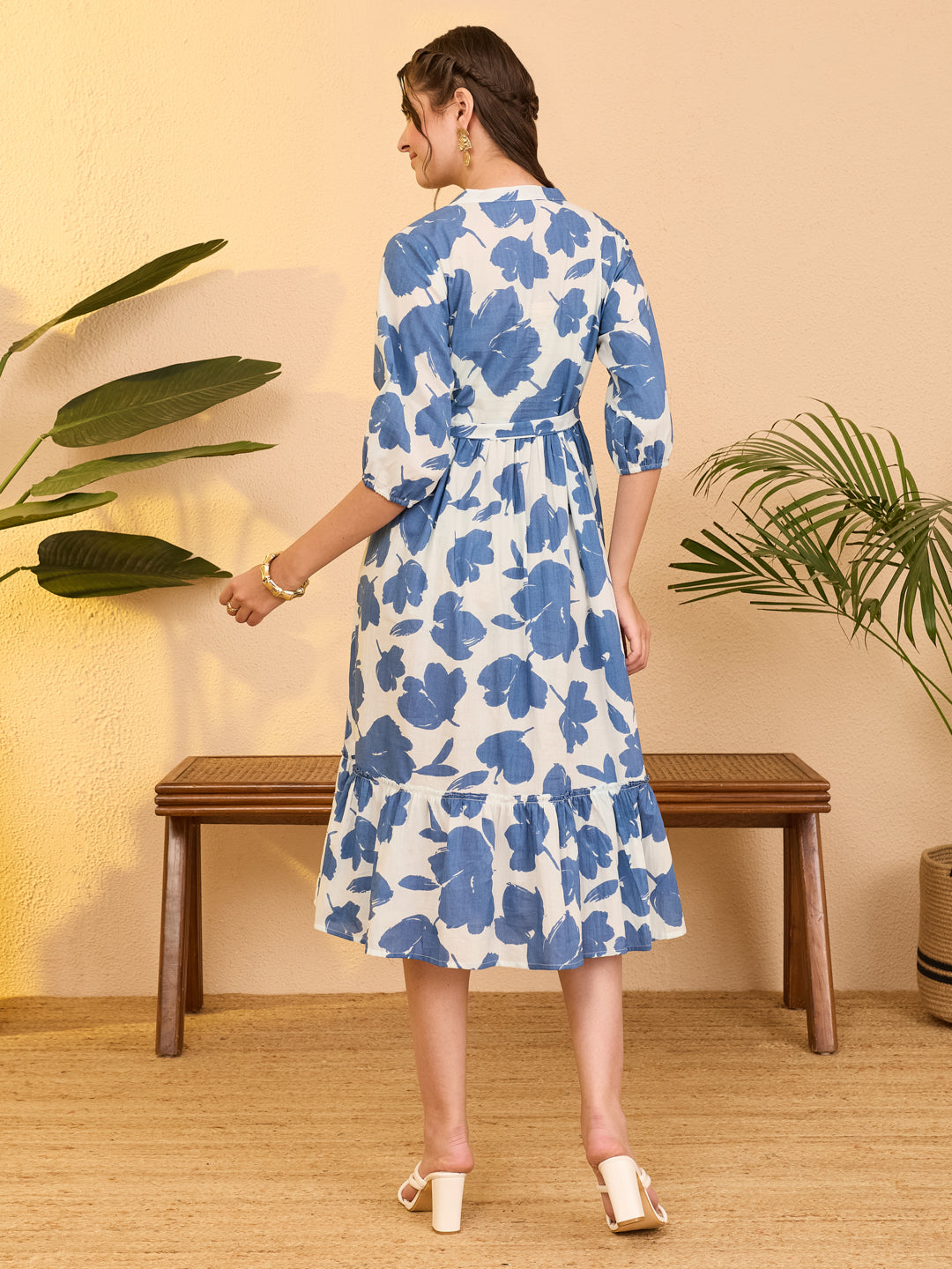 Janasya Women's Blue Pure Cotton Floral Printed Fit & Flare Dress