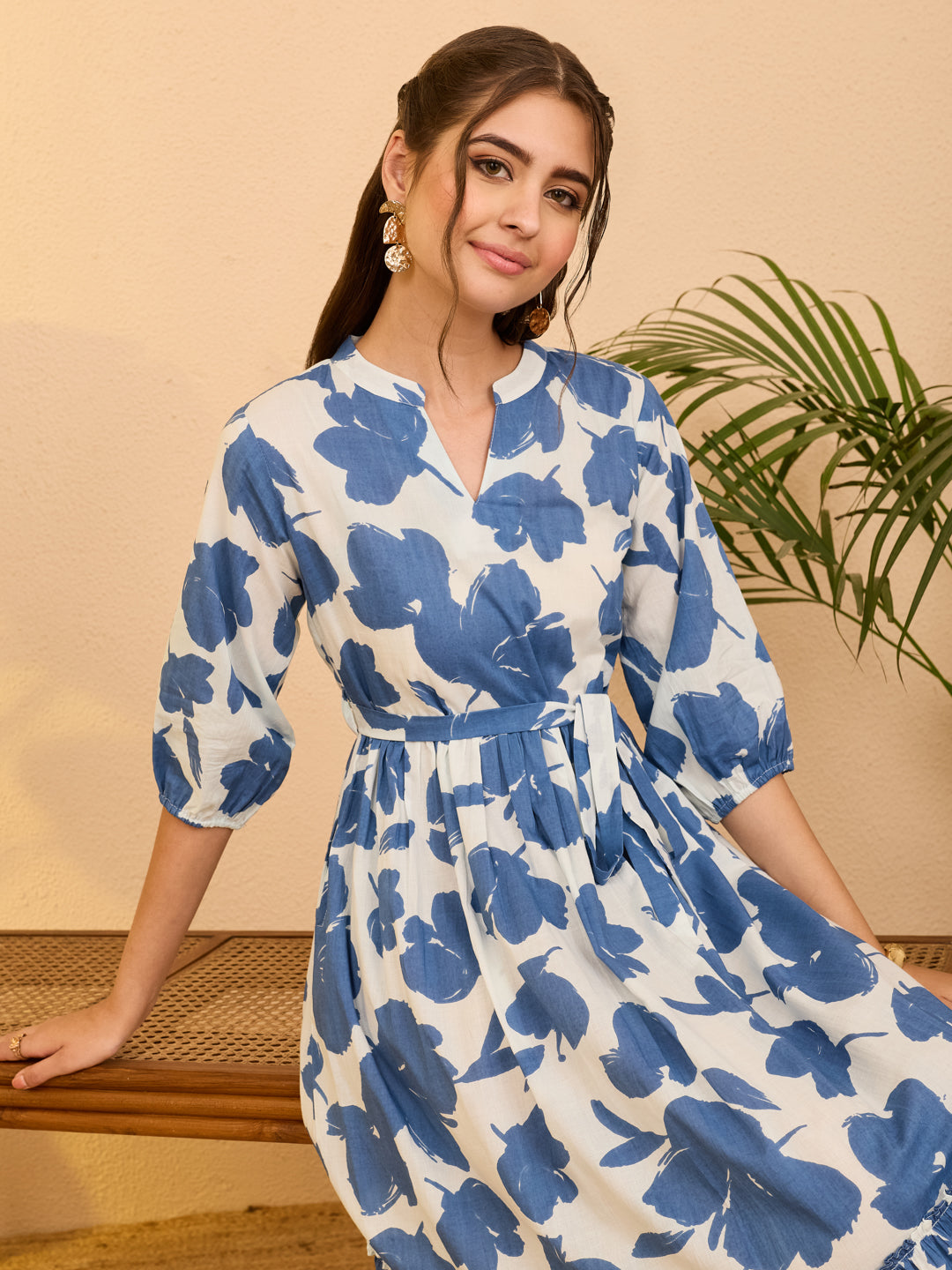 Janasya Women's Blue Pure Cotton Floral Printed Fit & Flare Dress