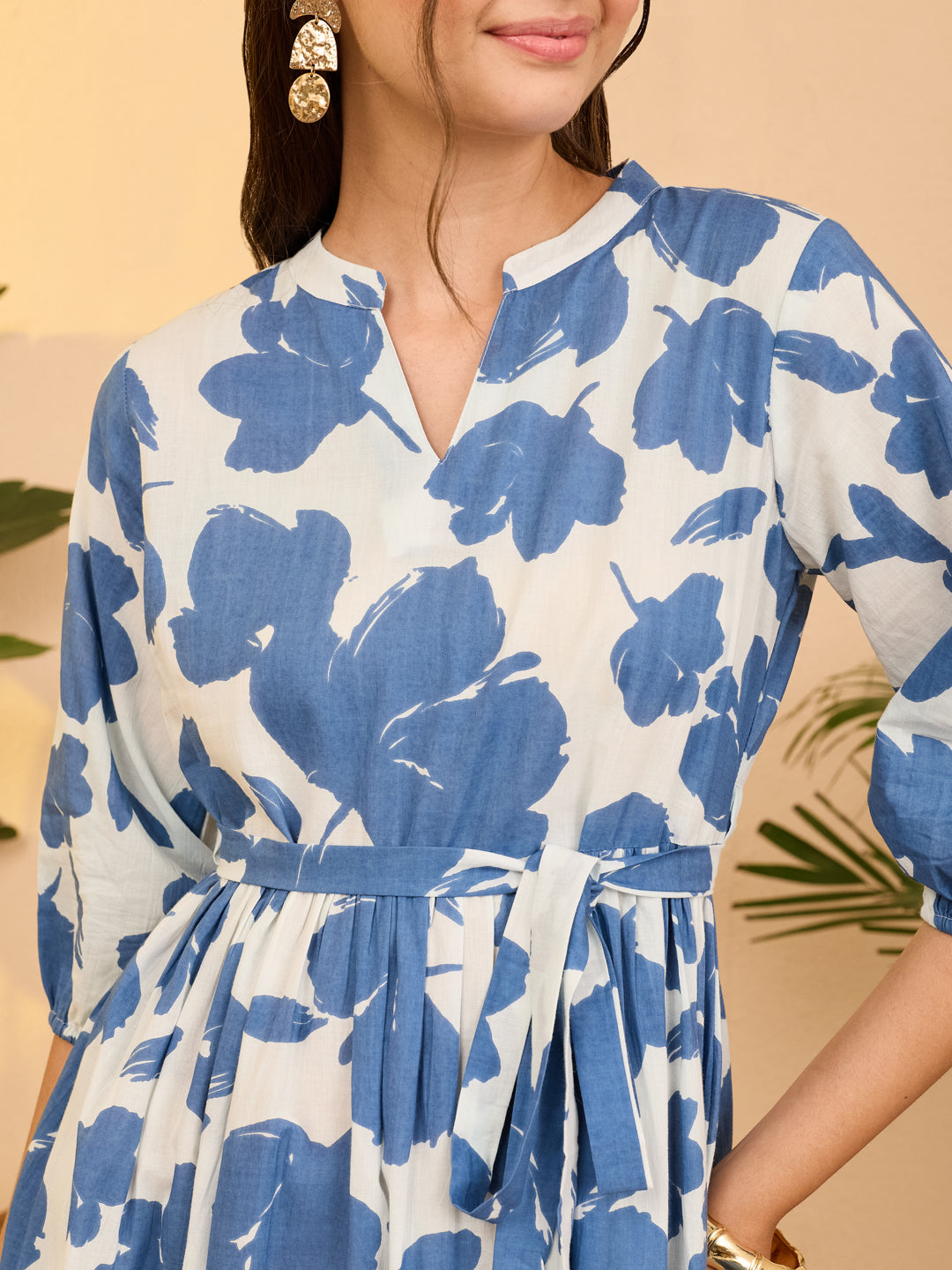 Janasya Women's Blue Pure Cotton Floral Printed Fit & Flare Dress