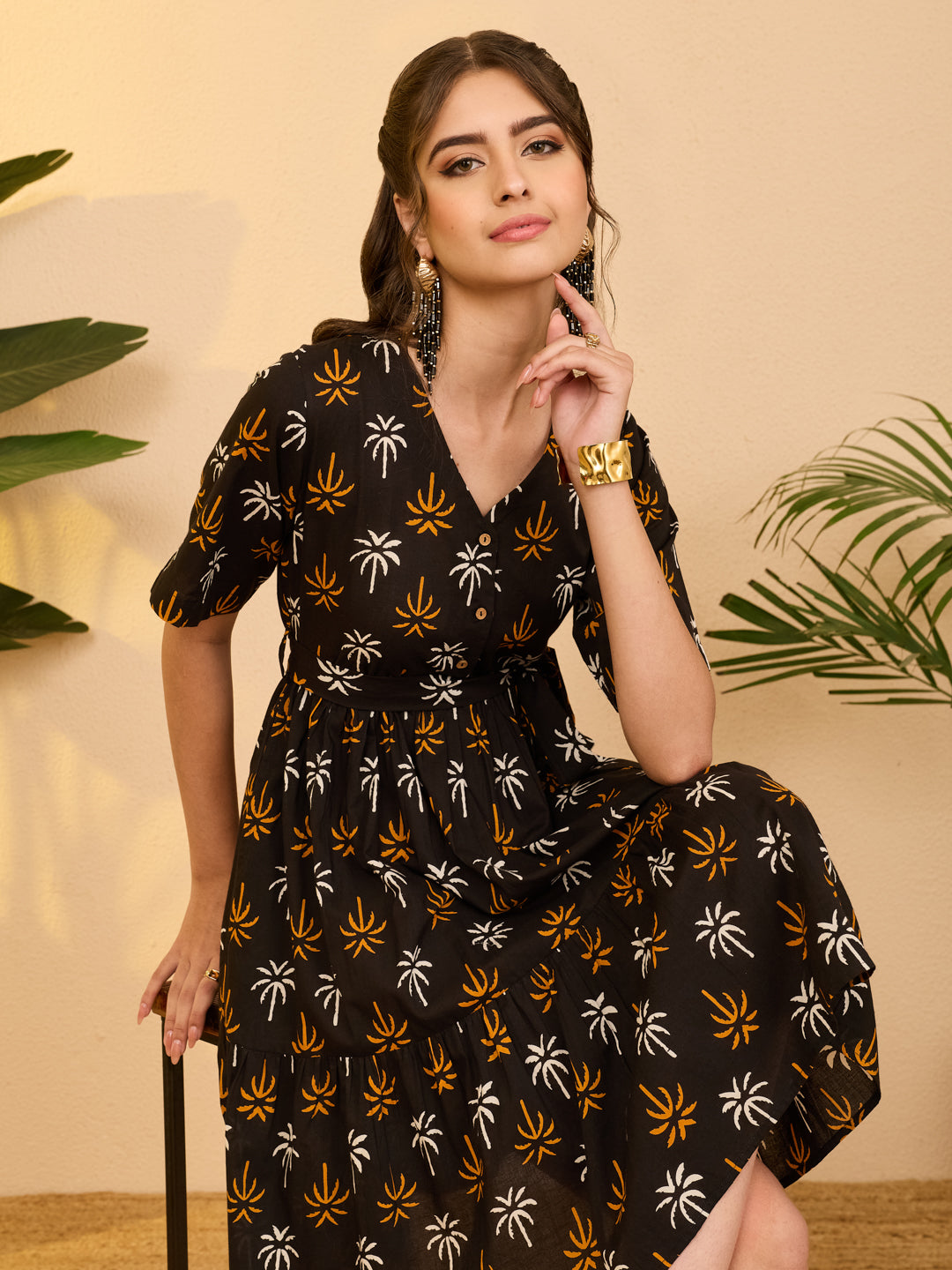 Janasya Women's Black Pure Cotton Tropical Printed Fit & Flare Dress