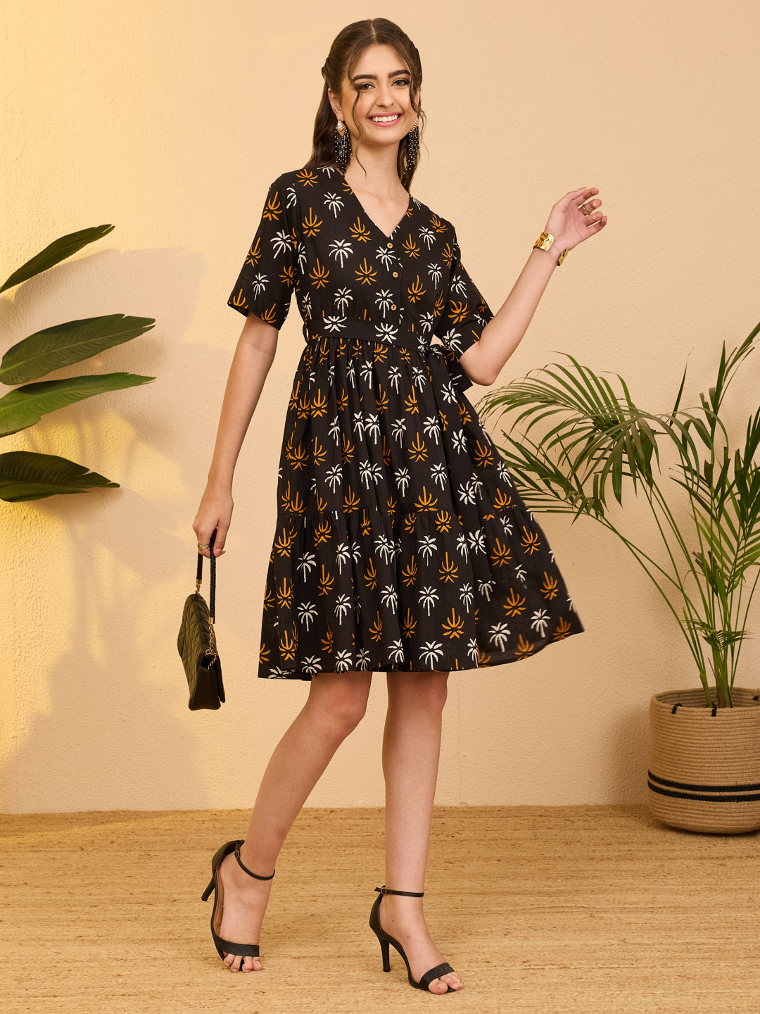 Janasya Women's Black Pure Cotton Tropical Printed Fit & Flare Dress