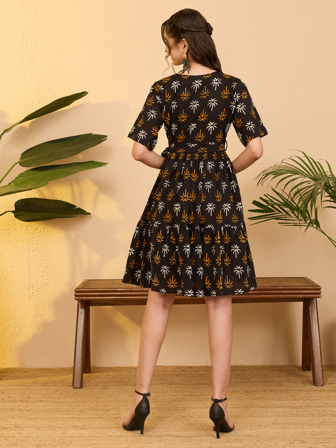 Janasya Women's Black Pure Cotton Tropical Printed Fit & Flare Dress