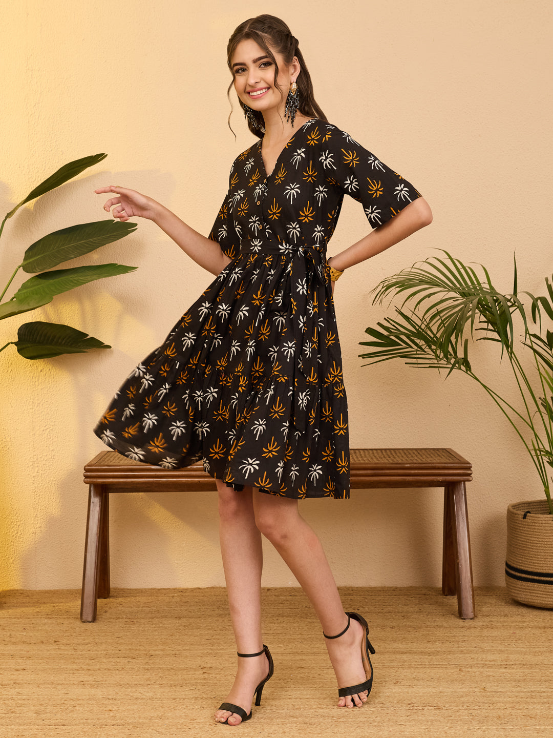 Janasya Women's Black Pure Cotton Tropical Printed Fit & Flare Dress