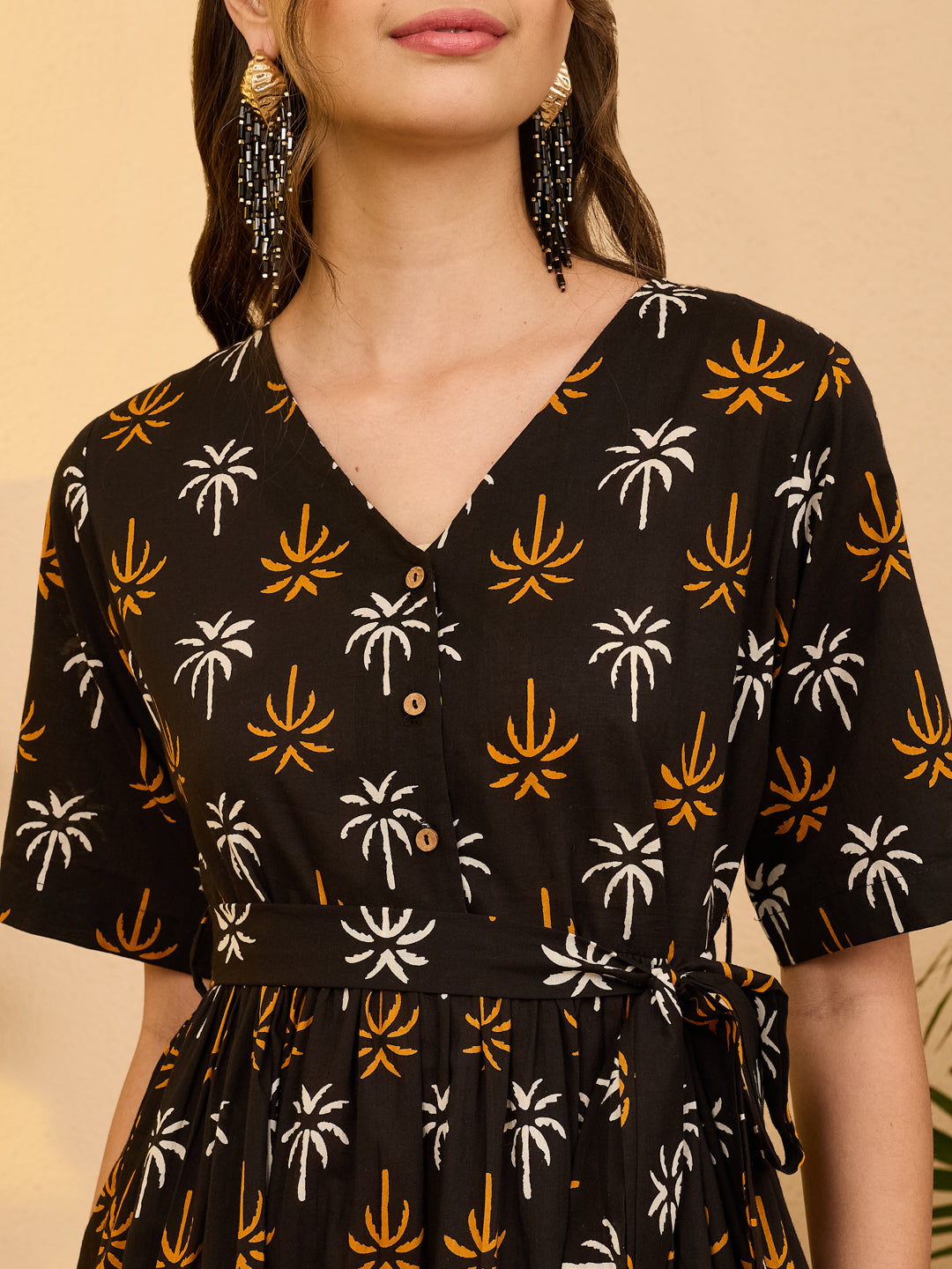 Janasya Women's Black Pure Cotton Tropical Printed Fit & Flare Dress