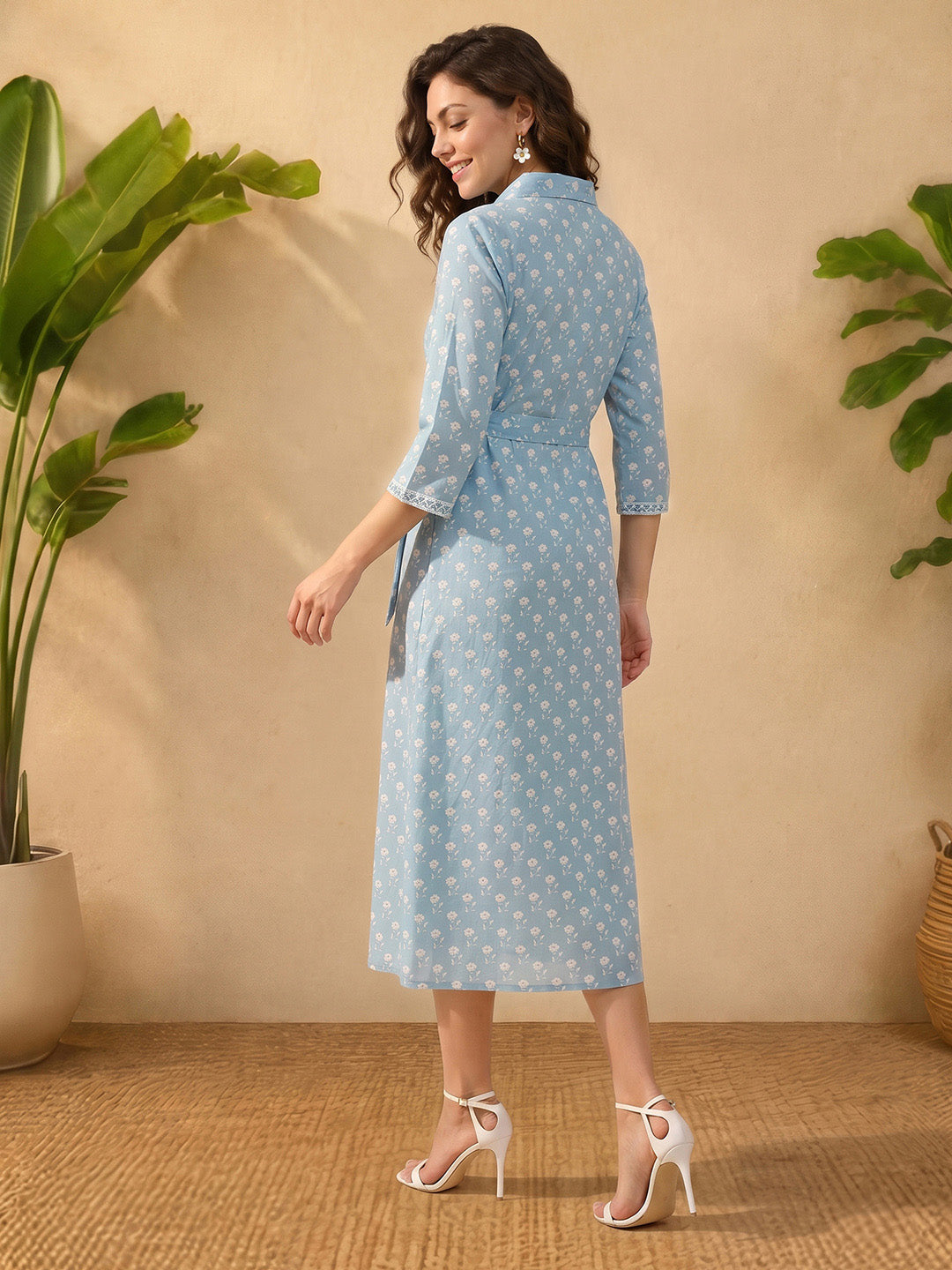 Janasya Women's Light Blue Pure Cotton Floral Printed Shirt Style Dress