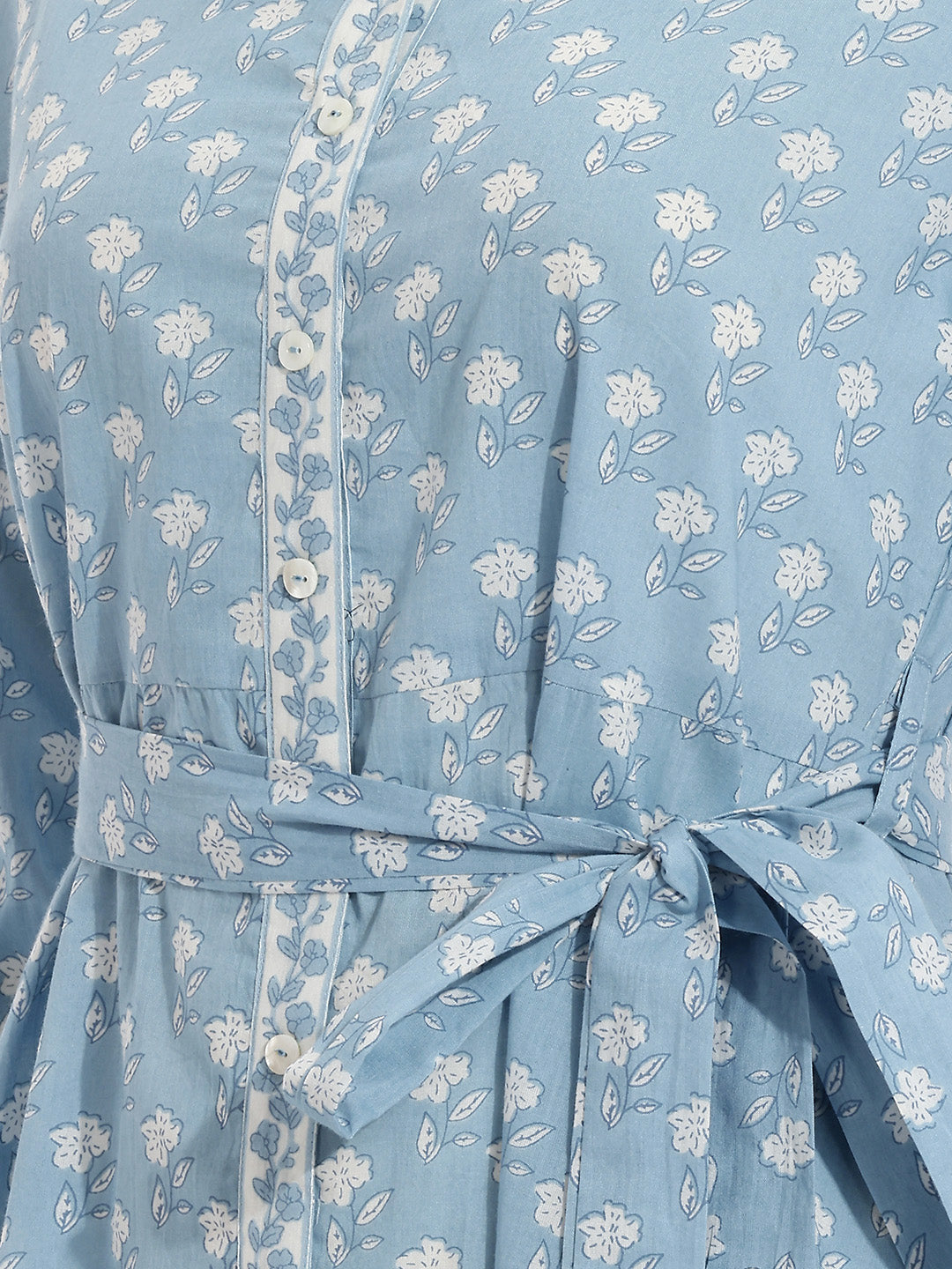 Janasya Women's Light Blue Pure Cotton Floral Printed Shirt Style Dress