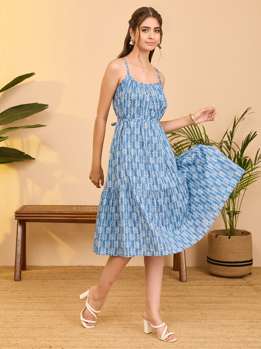 Janasya Women's Blue Pure Cotton Ethnic Motifs Printed A-line Dress