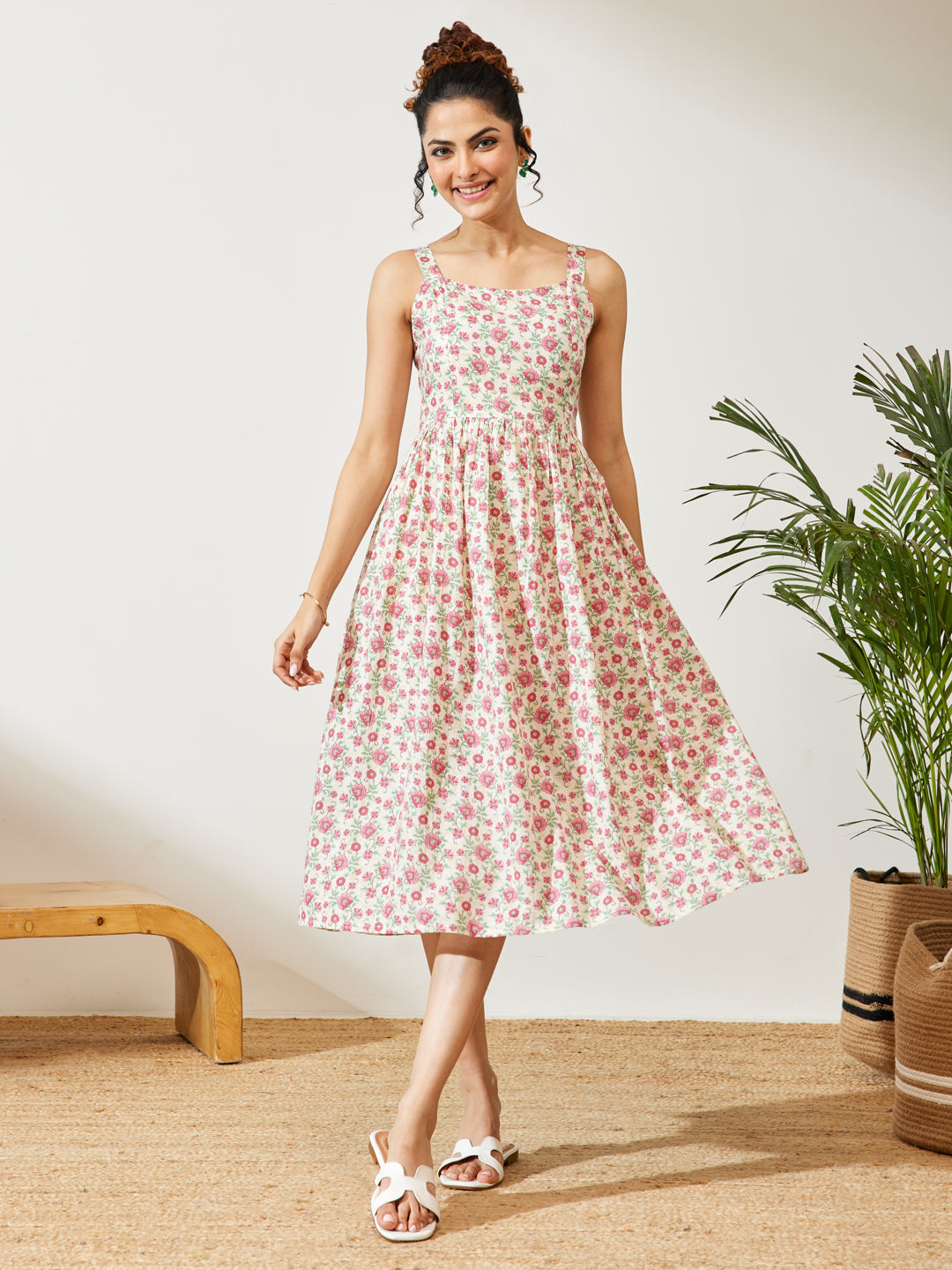 Janasya Women's Off White Pure Cotton Floral Printed A-line Dress