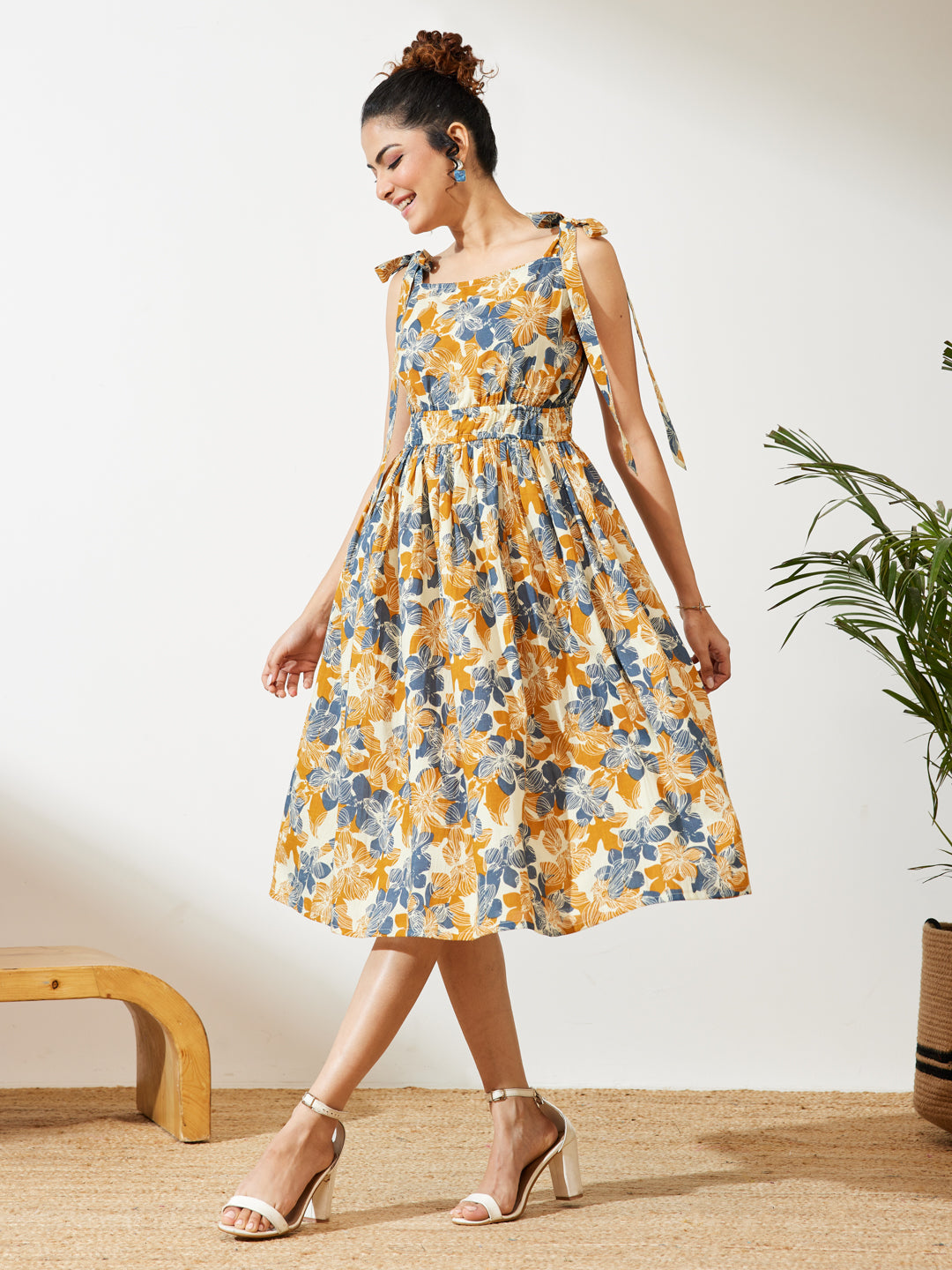 Janasya Women's Cream Pure Cotton Floral Printed Fit & Flare Dress