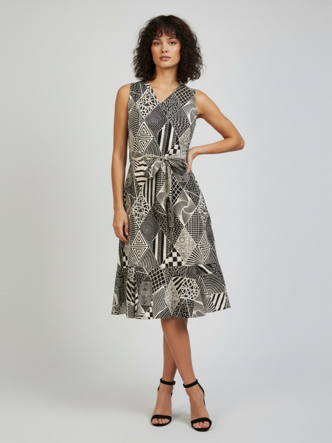 Janasya Women's White Pure Cotton Geometric Printed A-line Dress