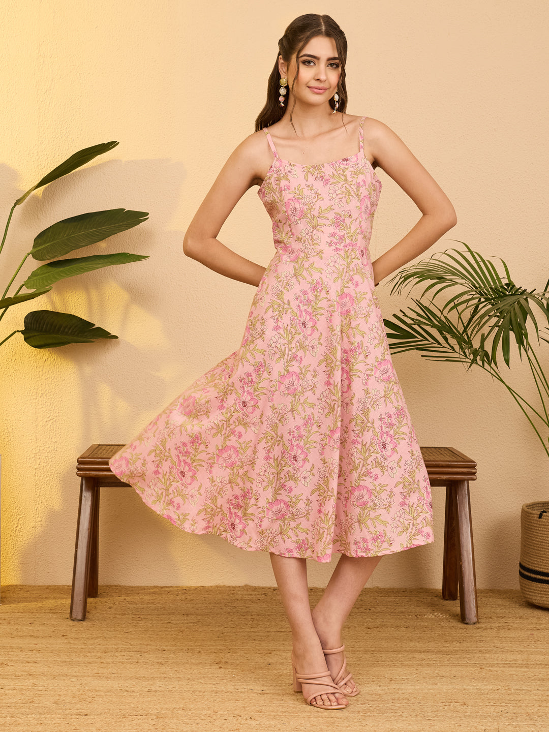 Janasya Women's Rose Pink Pure Cotton Floral Printed A-line Dress