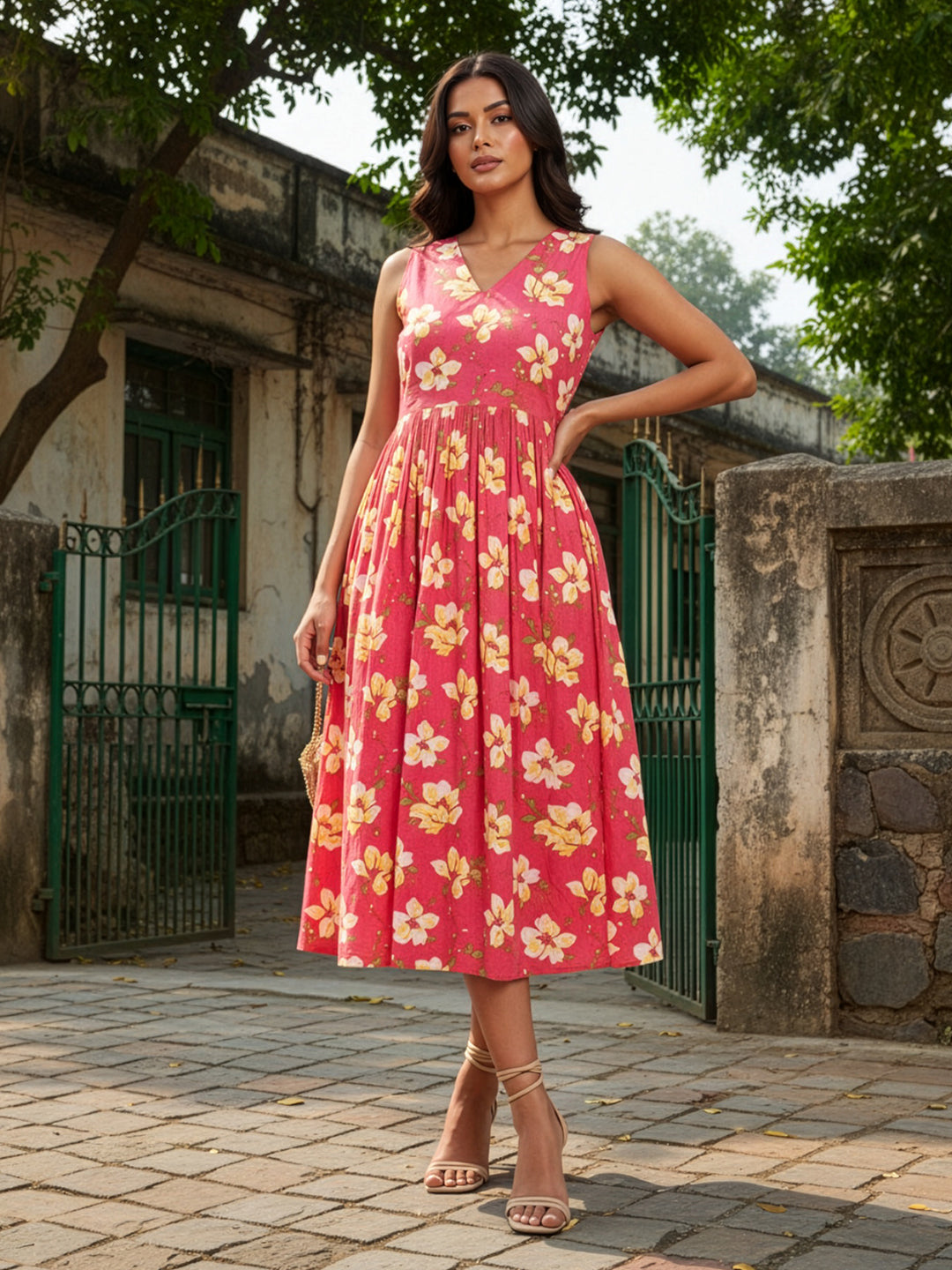 Janasya Women's Pink Pure Cotton Floral Printed A-line Dress