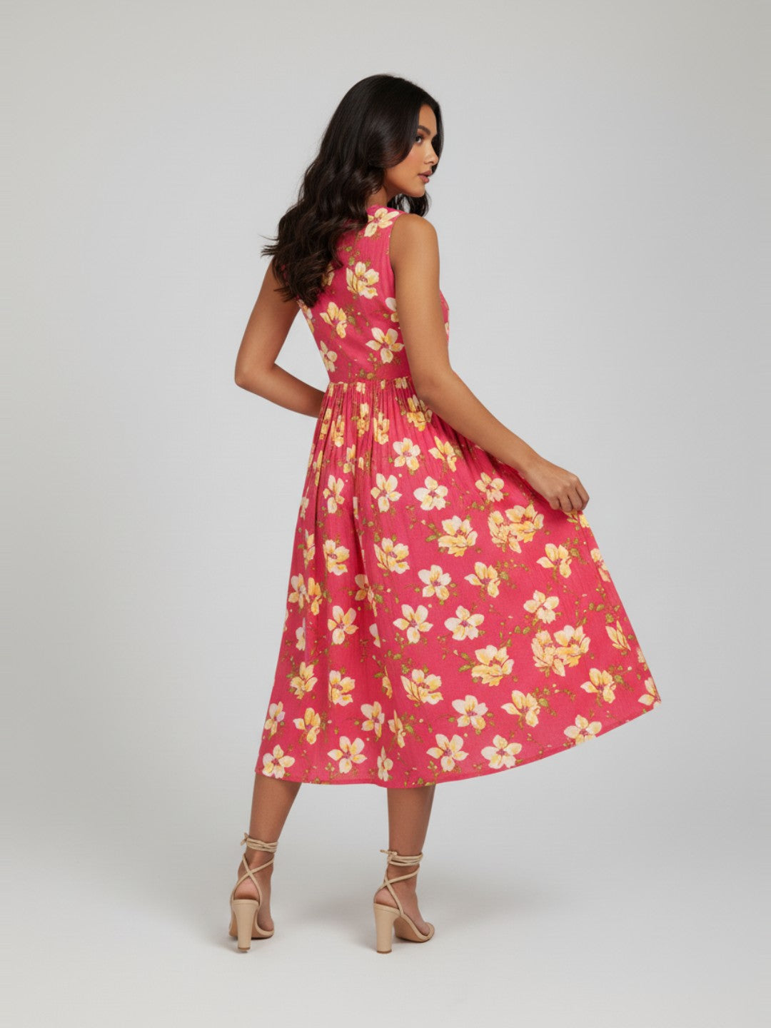 Janasya Women's Pink Pure Cotton Floral Printed A-line Dress