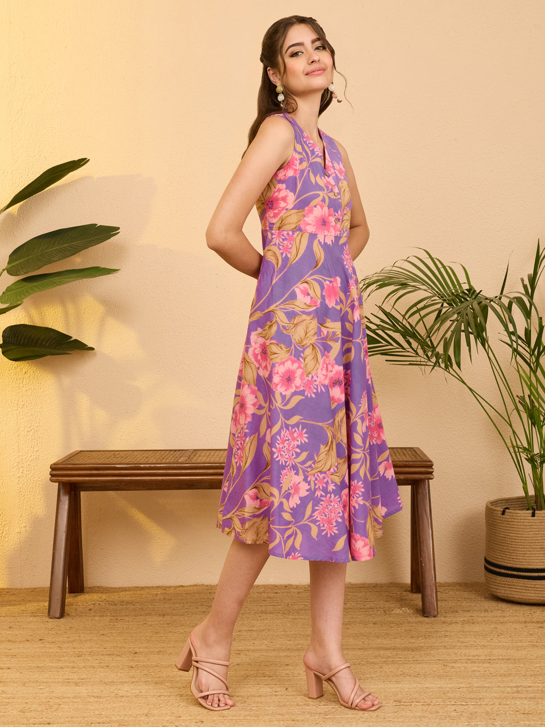 Janasya Women's Purple Pure Cotton Floral Printed Fit & Flare Dress