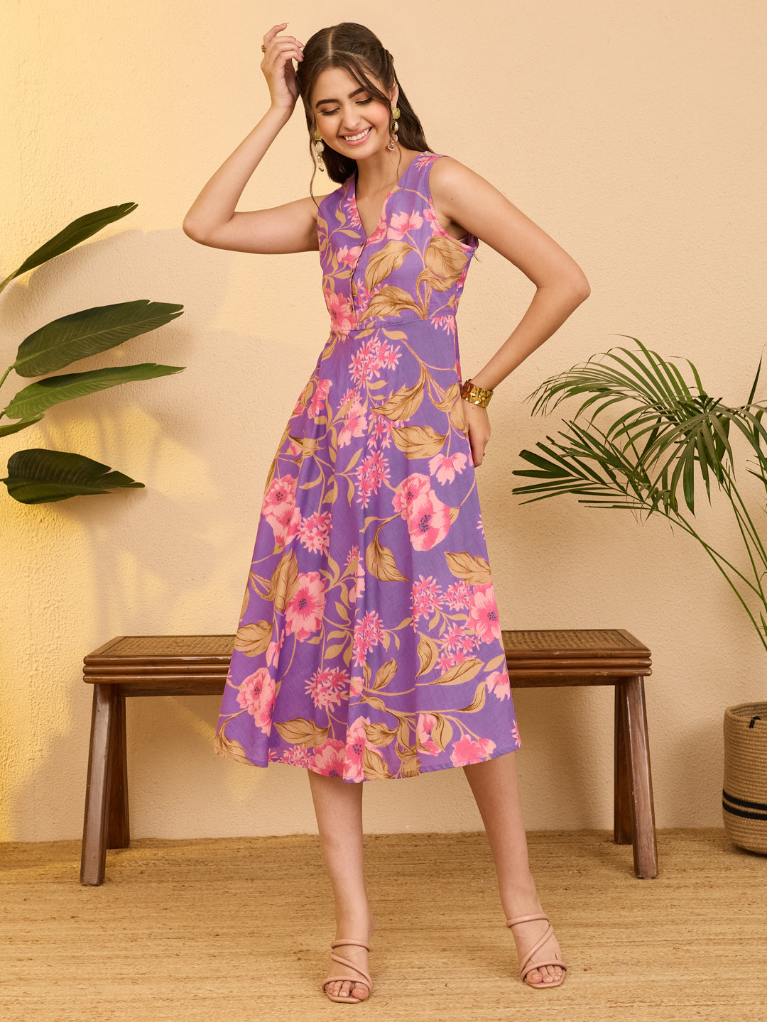 Janasya Women's Purple Pure Cotton Floral Printed Fit & Flare Dress