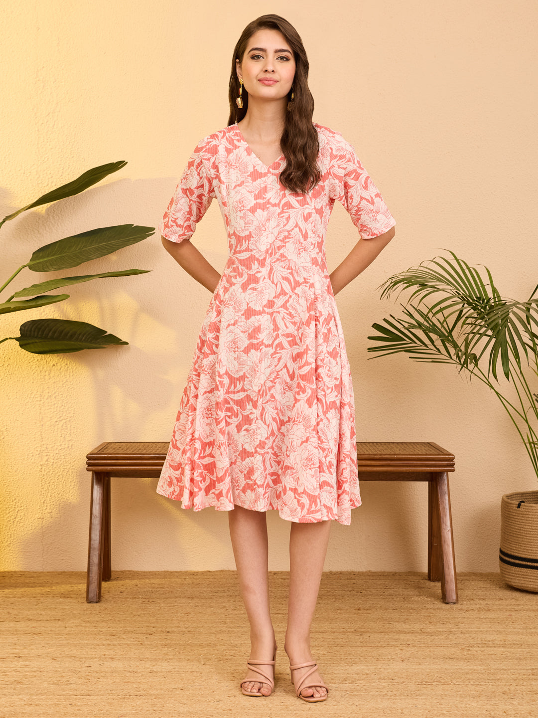 Janasya Women's Coral Pure Cotton Floral Printed A-line Flared Dress