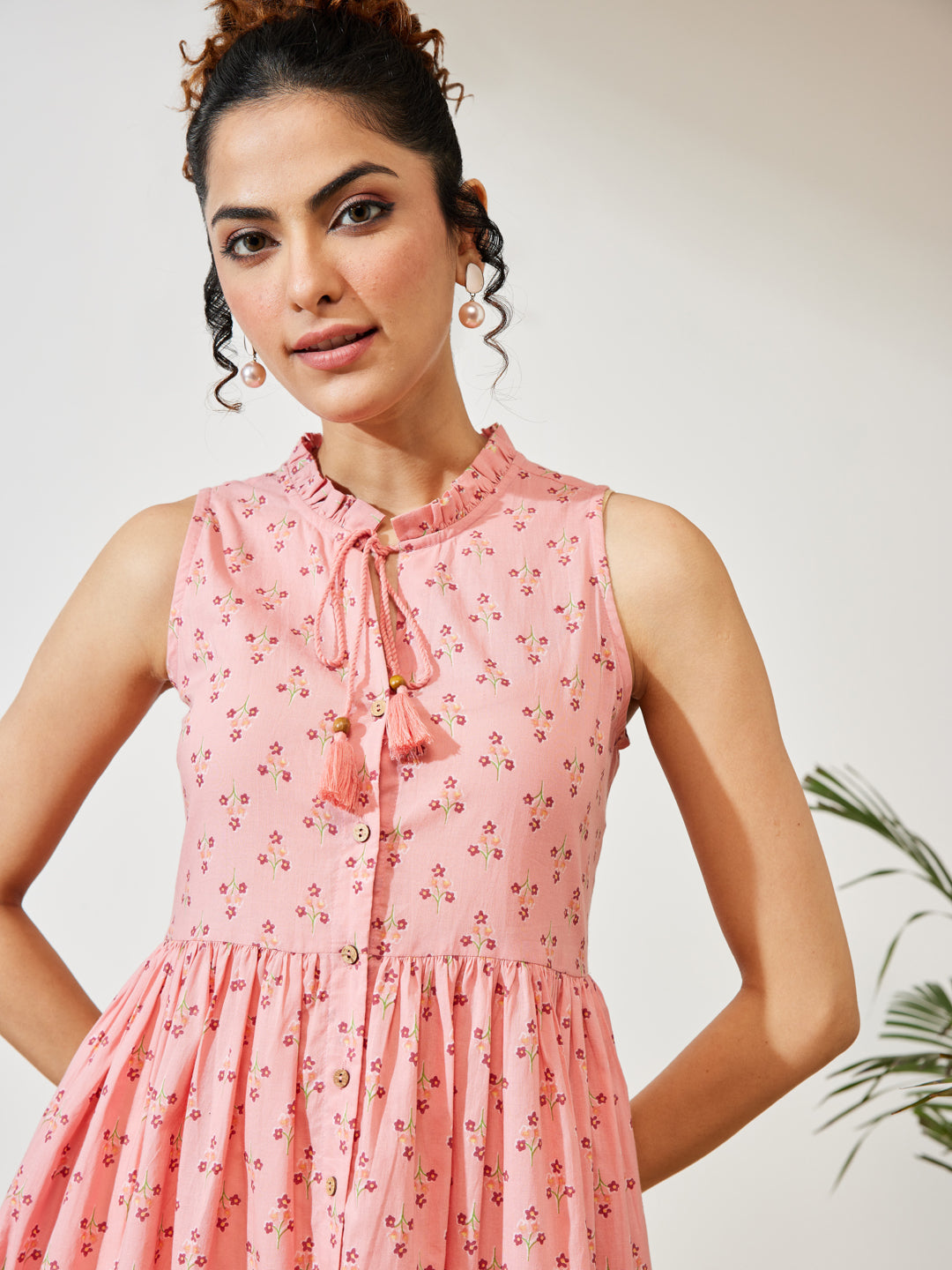 Janasya Women's Peach Cotton Floral Printed Fit & Flare Dress