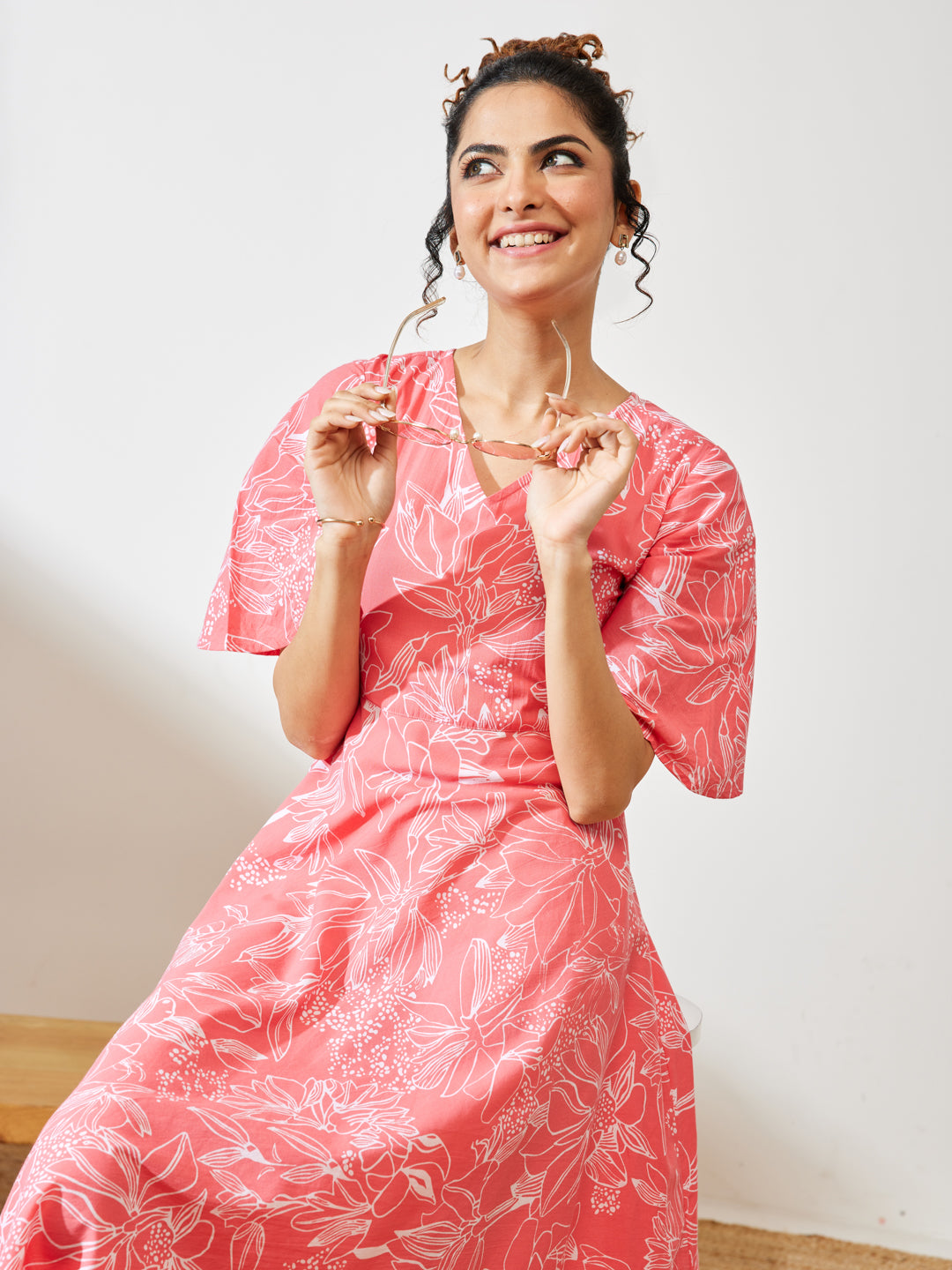 Janasya Women's Peach Cotton Floral Printed A-line Dress