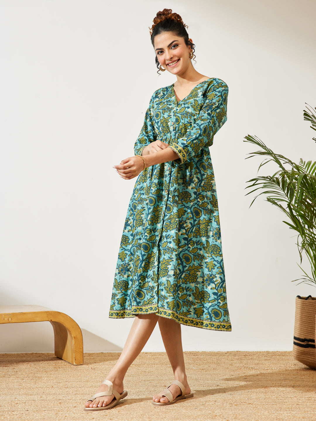 Janasya Women's Teal Blue Pure Cotton Floral Printed A-line Dress