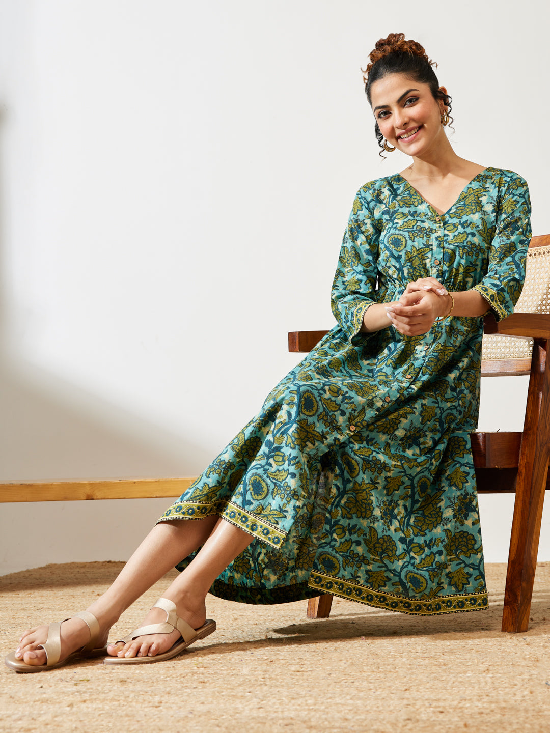 Janasya Women's Teal Blue Pure Cotton Floral Printed A-line Dress