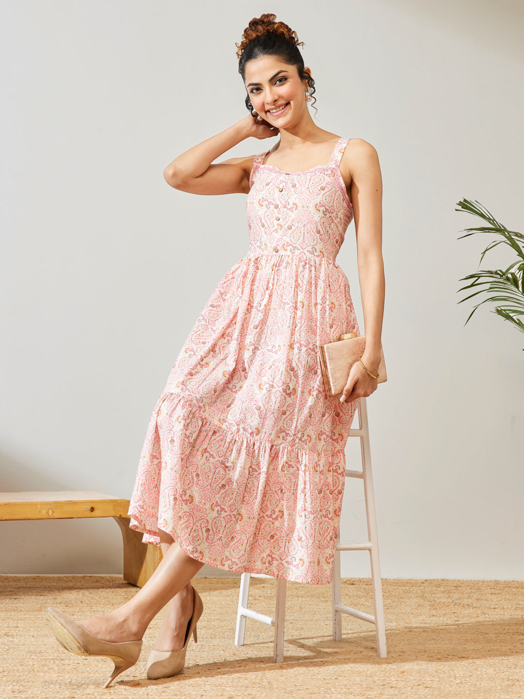 Janasya Women's Peach Pure Cotton Paisley Printed Fit & Flare Dress