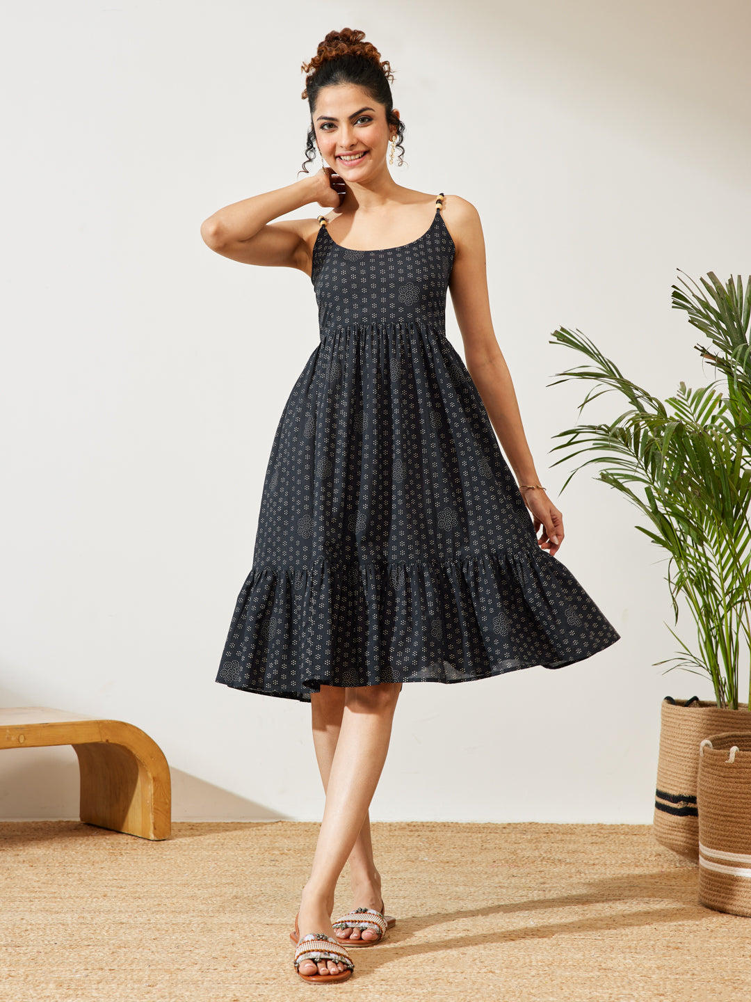 Janasya Women's Navy Blue Pure Cotton Ethnic Motifs Printed A-line Dress