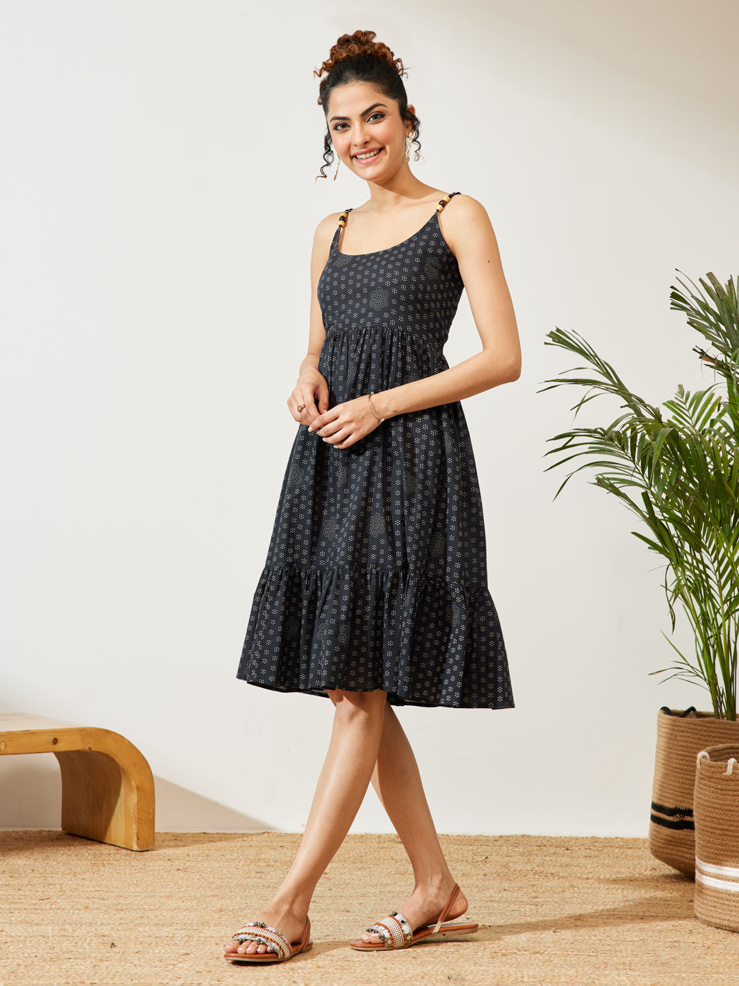 Janasya Women's Navy Blue Pure Cotton Ethnic Motifs Printed A-line Dress