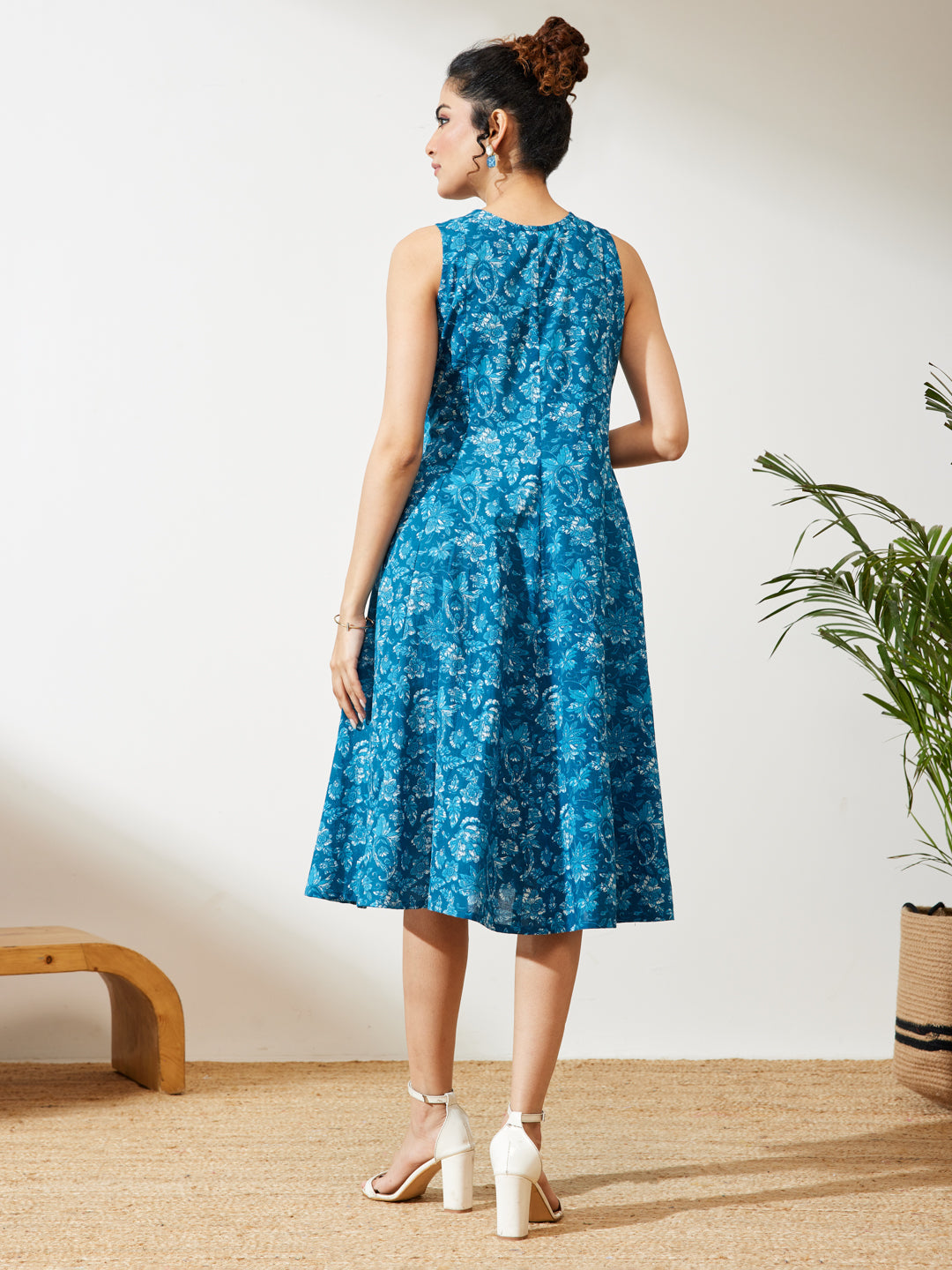 Janasya Women's Blue Pure Cotton Floral Printed Flared Dress