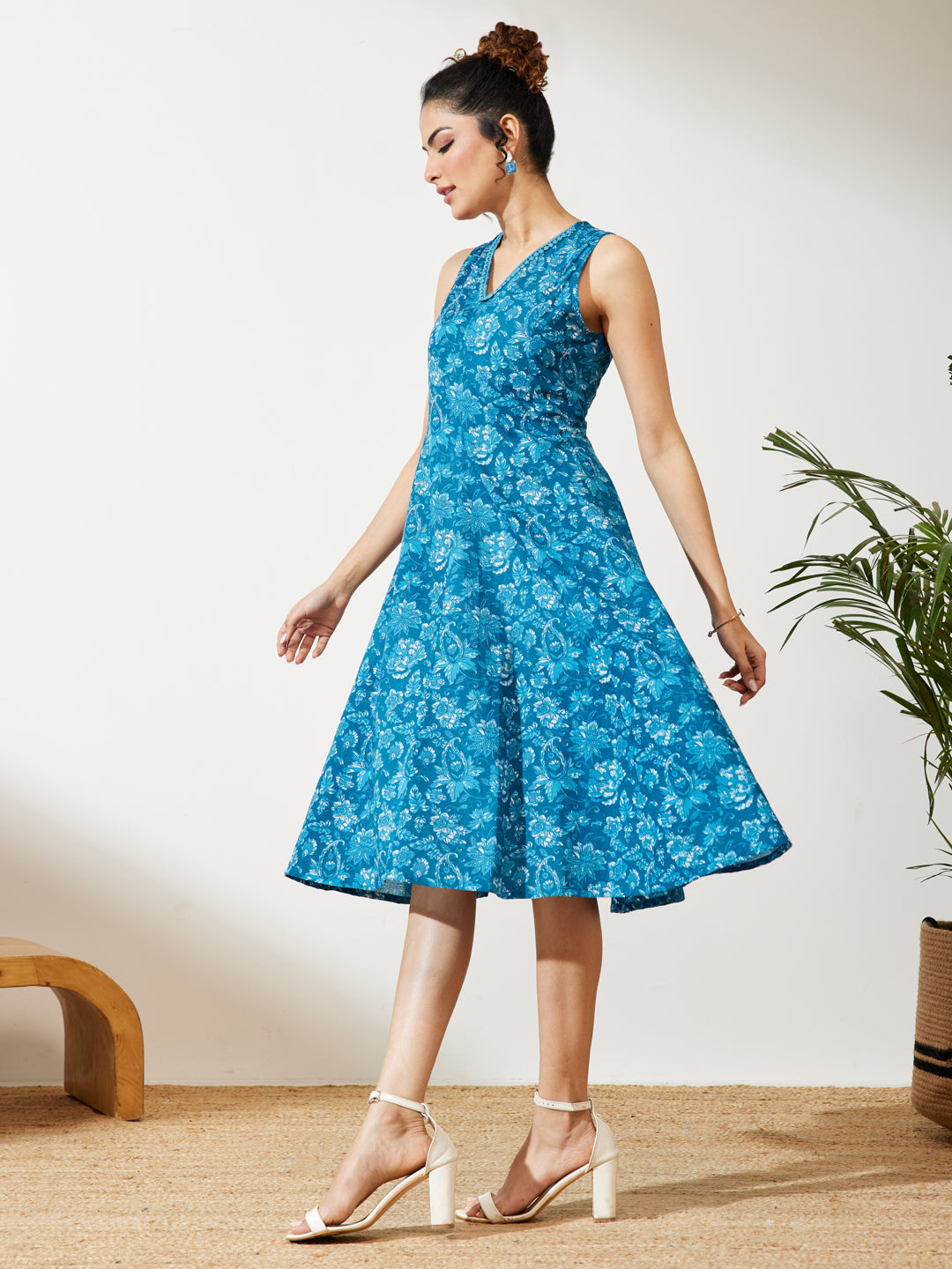 Janasya Women's Blue Pure Cotton Floral Printed Flared Dress