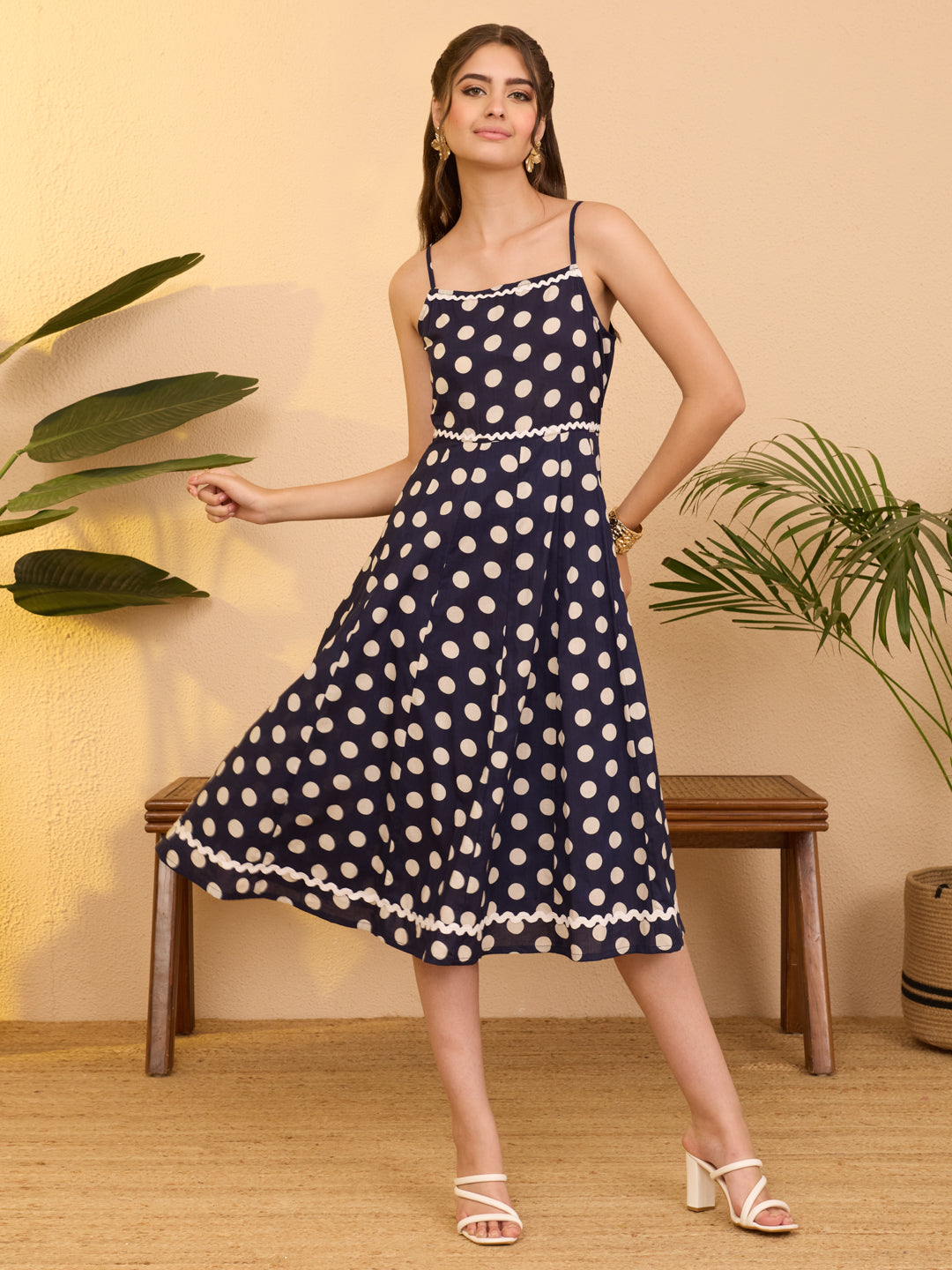 Janasya Women's Navy Blue Pure Cotton Polka Printed A-line Dress