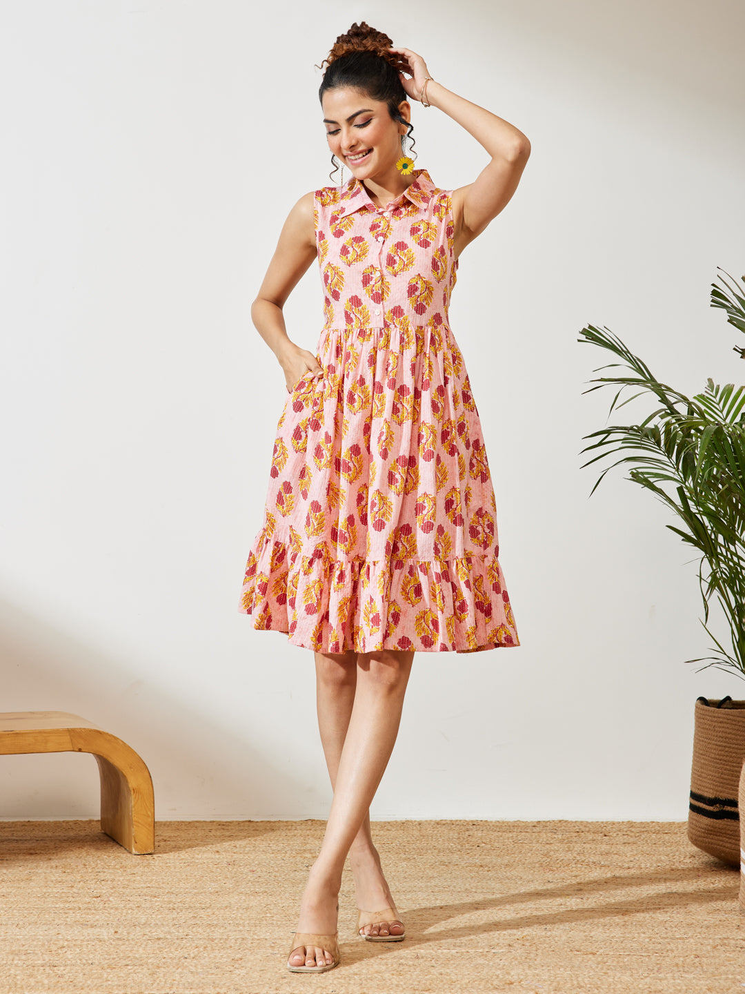 Janasya Women's Pink Pure Cotton Floral Printed Fit & Flare Dress