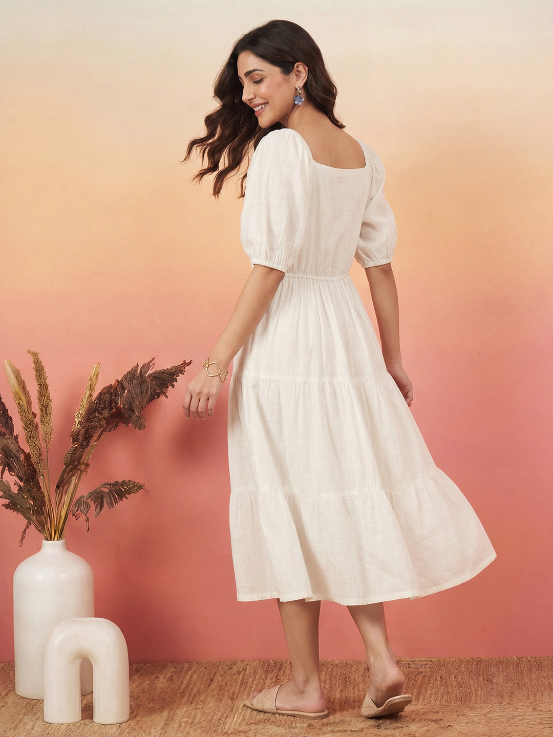 Janasya Women's White Linen Cotton Embroidered Tiered Dress