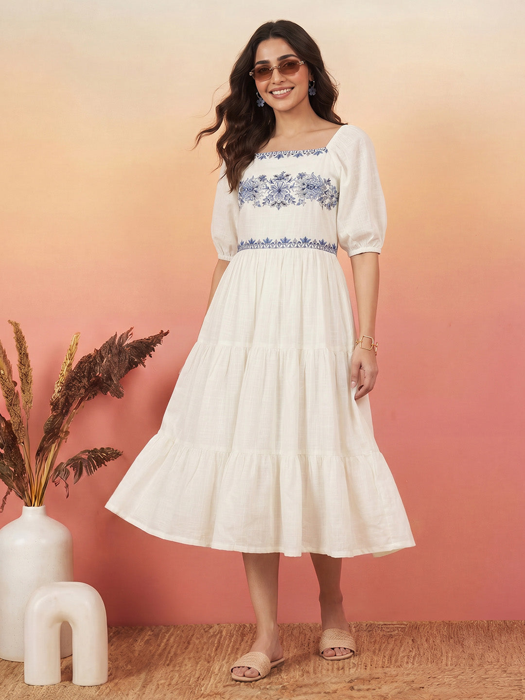 Janasya Women's White Linen Cotton Embroidered Tiered Dress