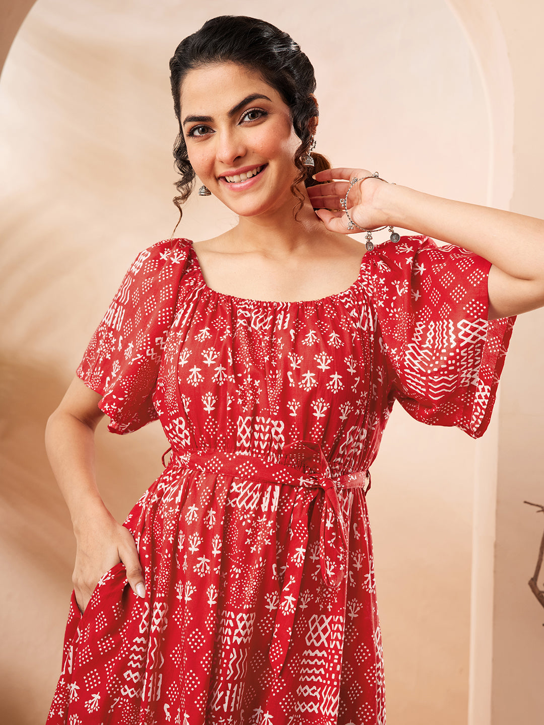 Janasya Women's Red Pure Cotton Printed A-line Dress