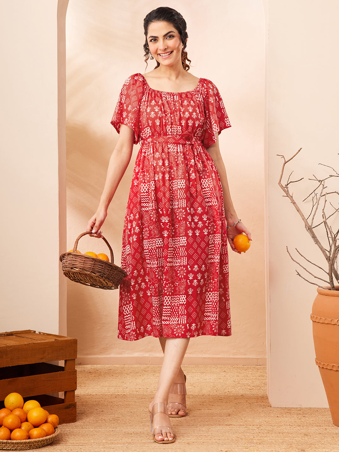 Janasya Women's Red Pure Cotton Printed A-line Dress