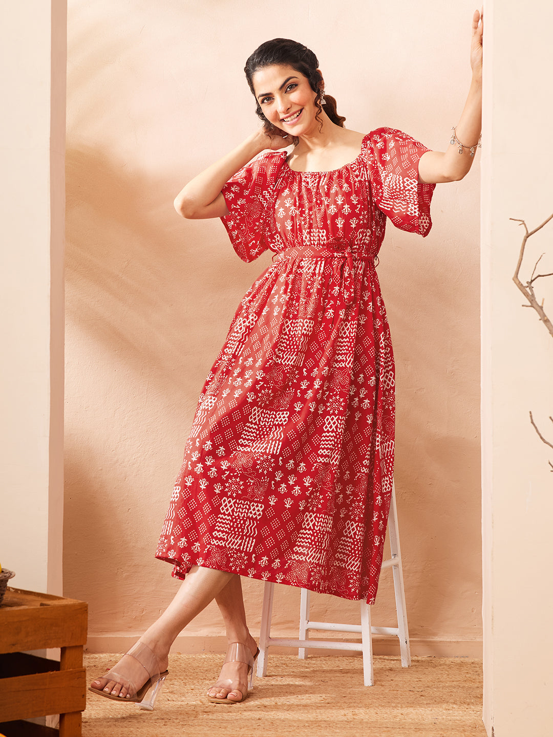Janasya Women's Red Pure Cotton Printed A-line Dress