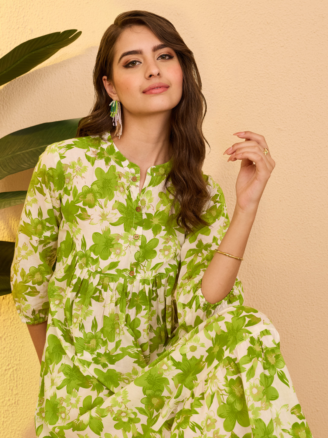 Janasya Women's White Pure Cotton Floral Printed A-line Dress